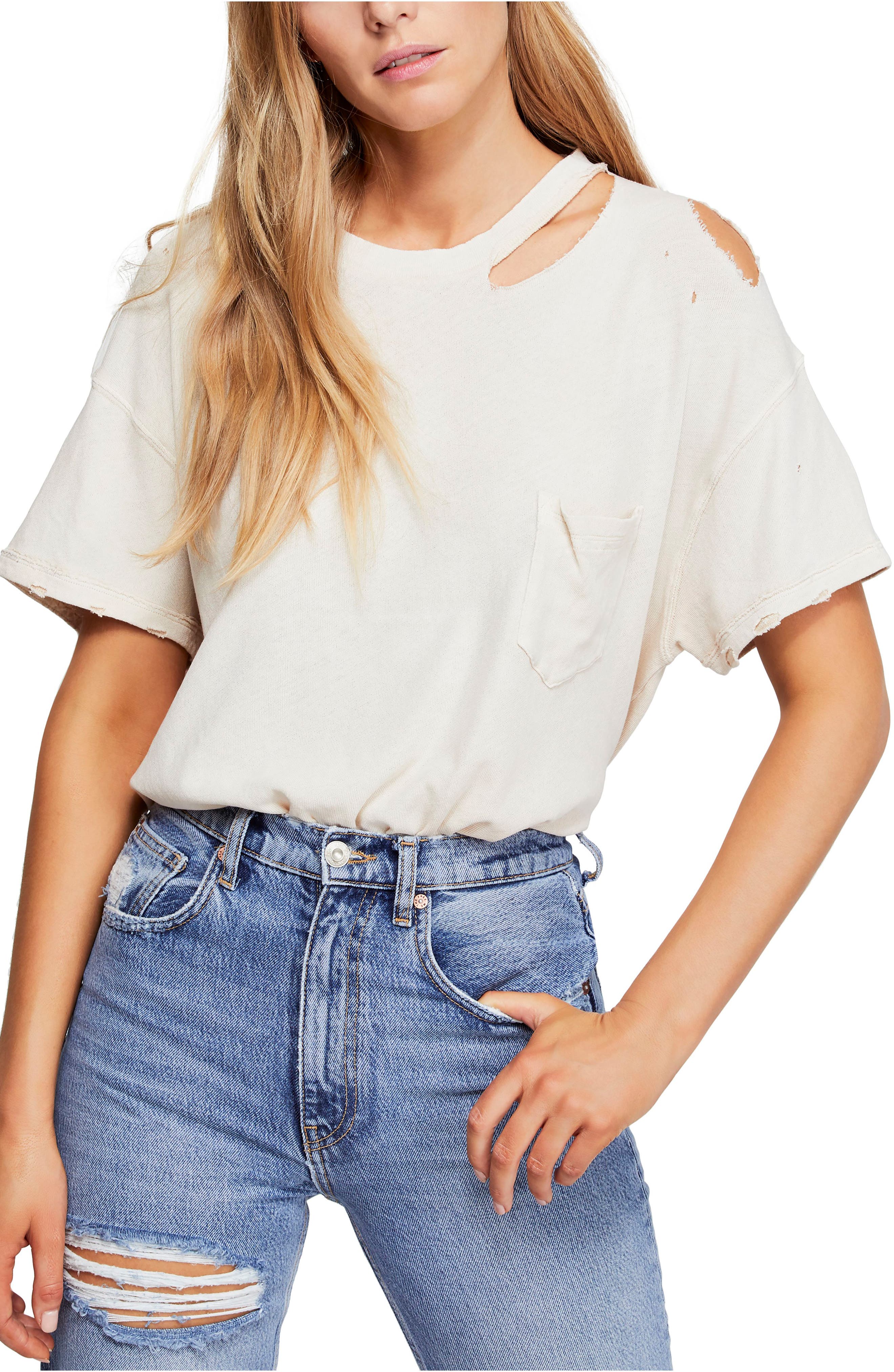 Free People Cotton Lucky Cold Shoulder Distressed T-Shirt
