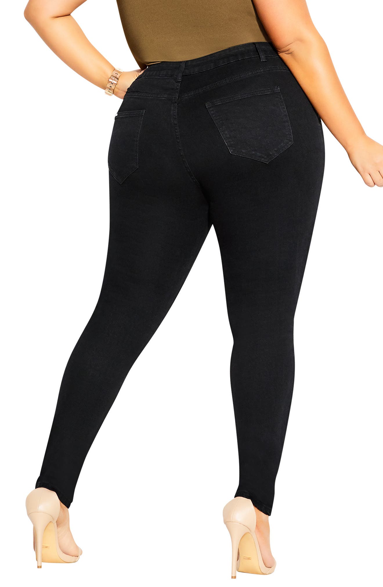 City Chic High Waist Button Detail Skinny Jeans Black 16W