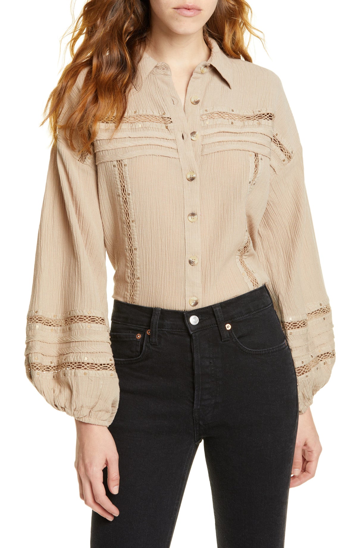 Free People Summer Stars Puffy Sleeve Crochet Trim Blouse