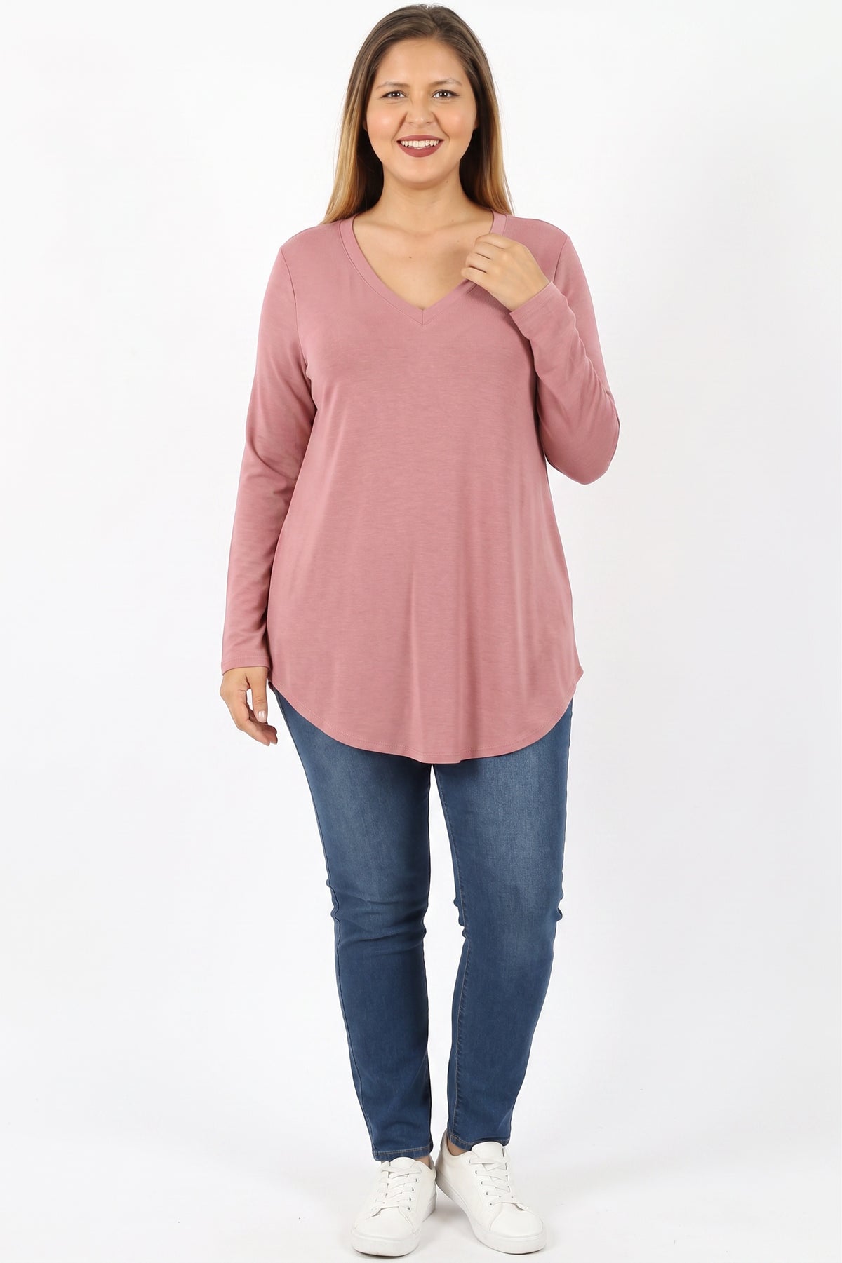 Premium V-Neck Round Hem Long Sleeve Plus Size Top