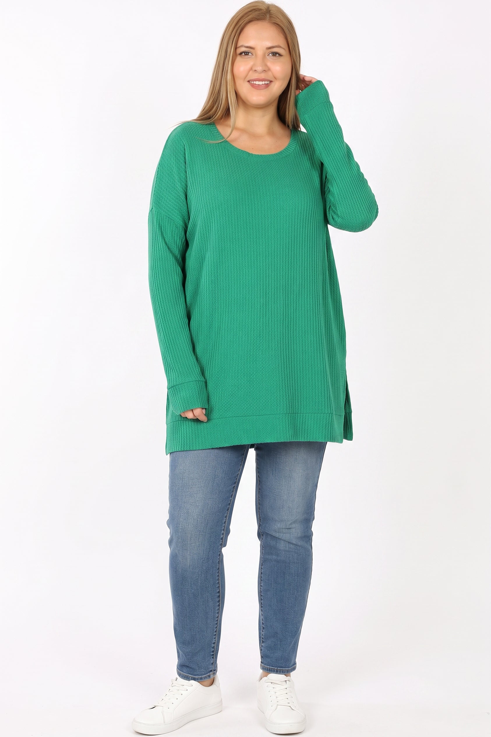 Brushed Thermal Waffle Knit Round Neck Plus Size Sweater