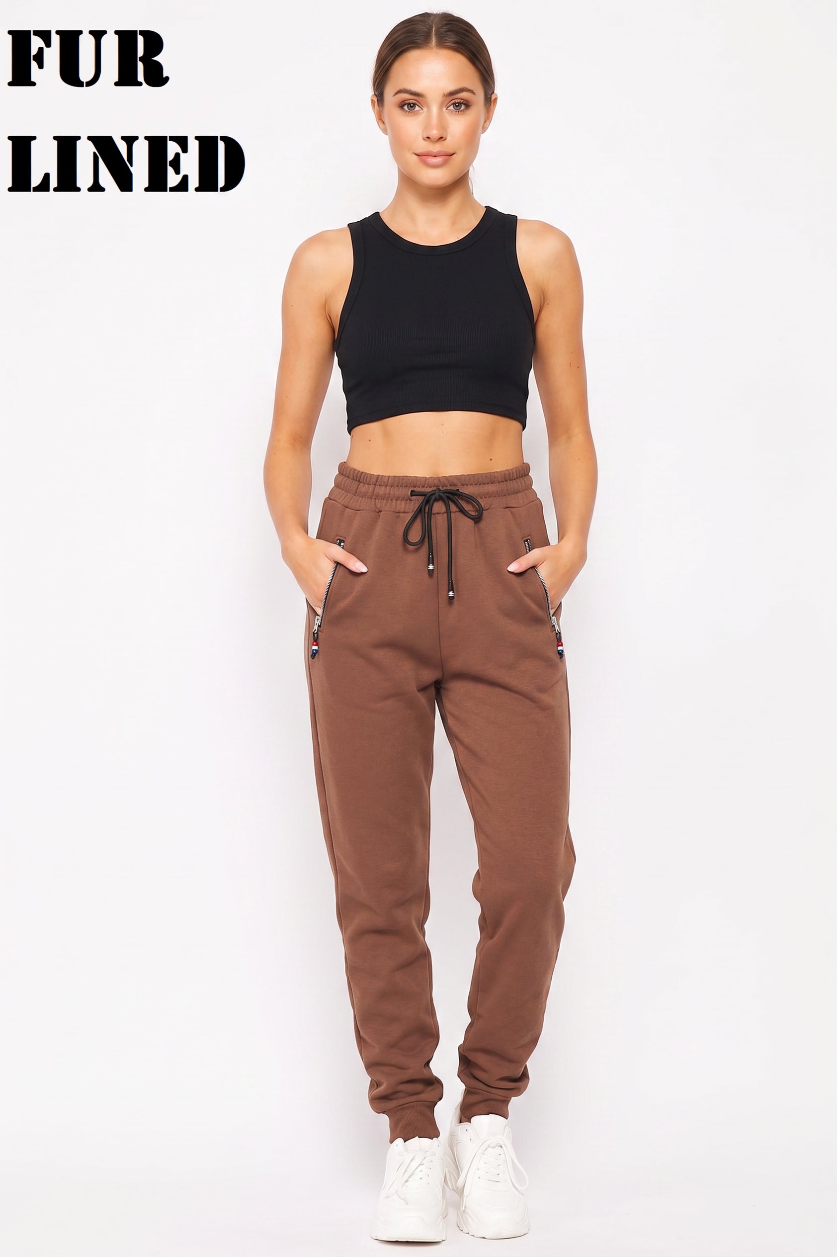 Scuba Solid Fur Lined Jogger Pocket Zipper & Drawstring