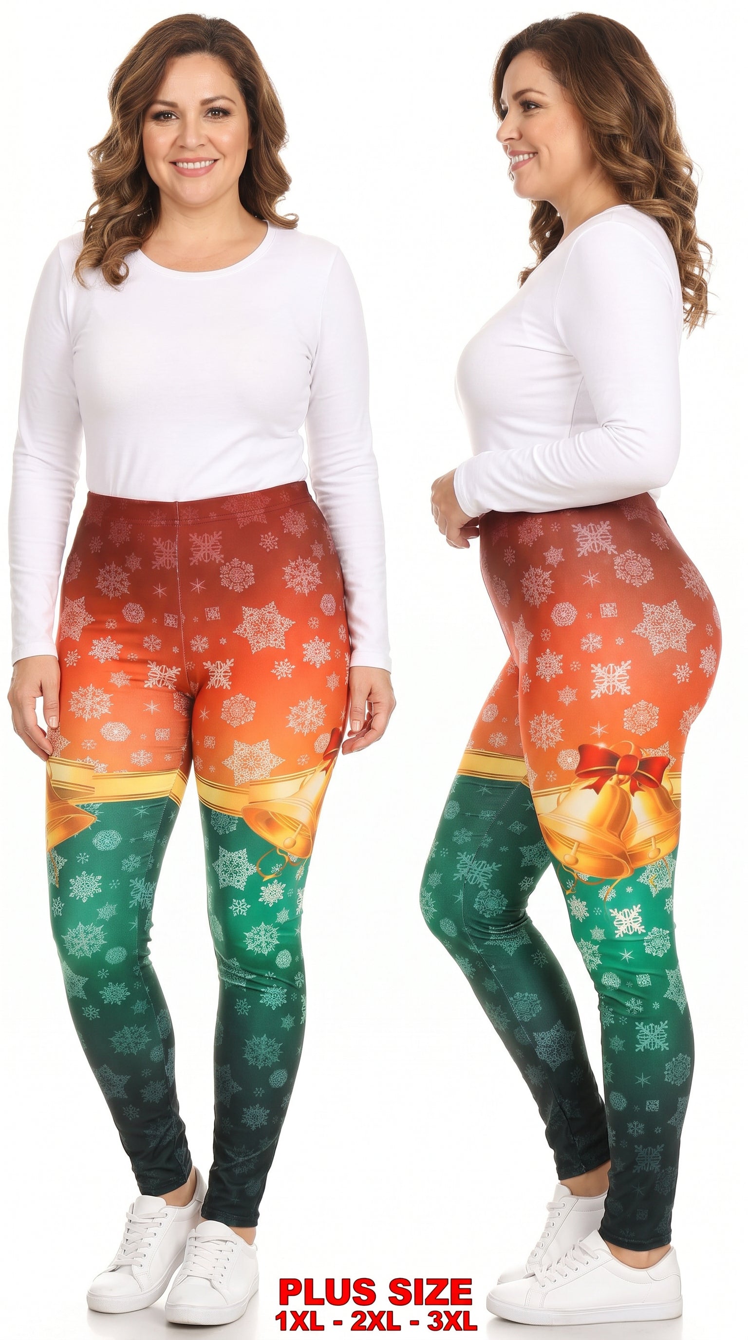 Festive Red and Green Split Christmas Bells Leggings - Plus Size
