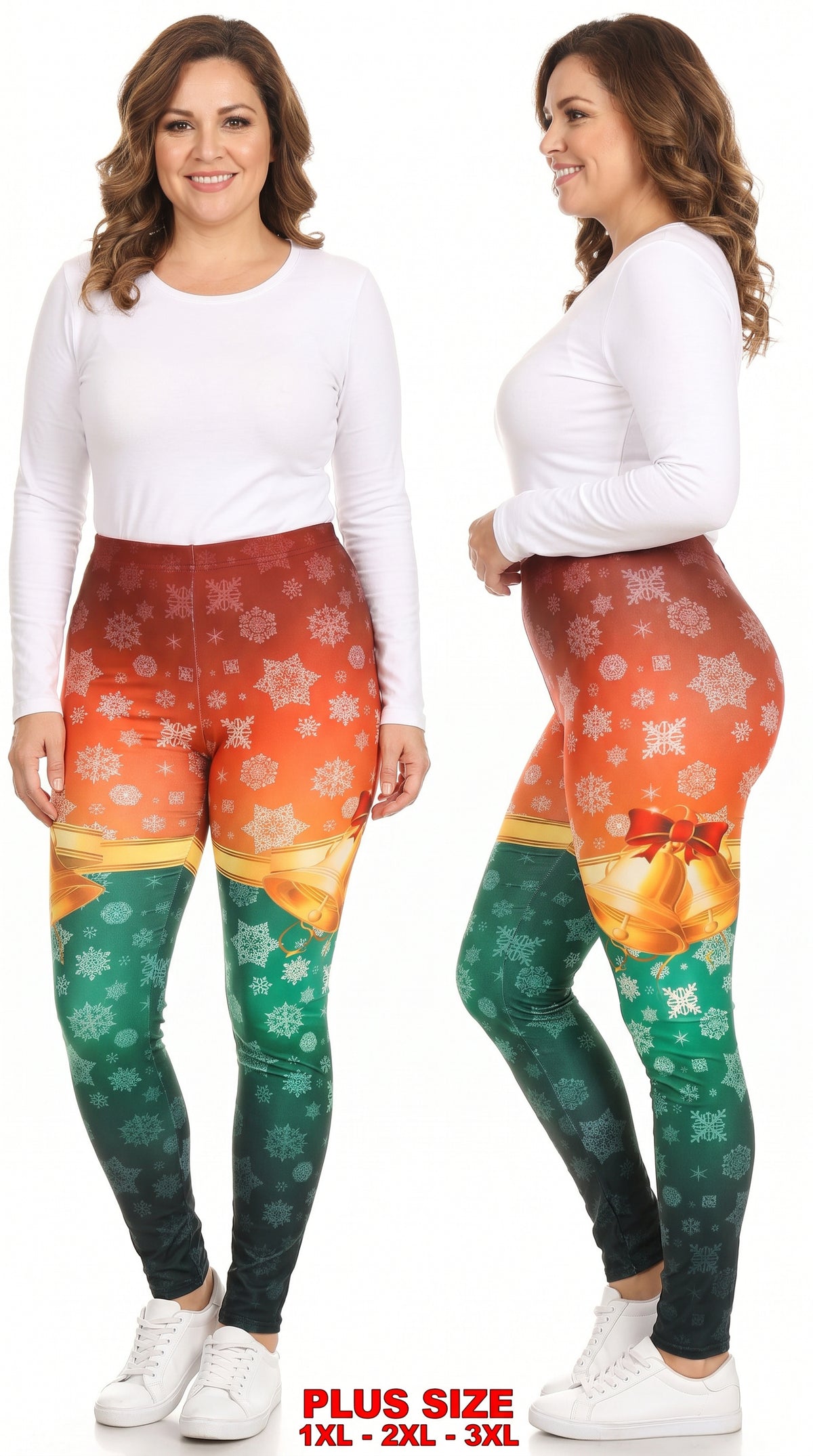 Festive Red and Green Split Christmas Bells Leggings - Plus Size