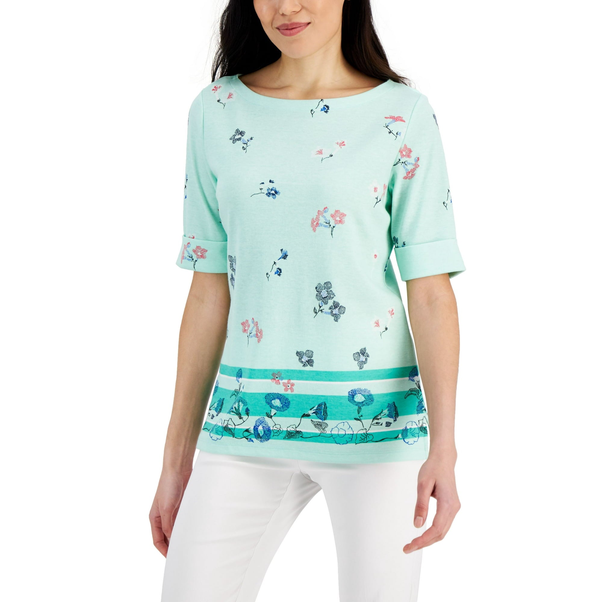 Karen Scott Womens Petite Printed Boat Neck Top