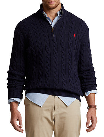 Men's Big & Tall Cable-Knit Cotton Quarter-Zip Sweater