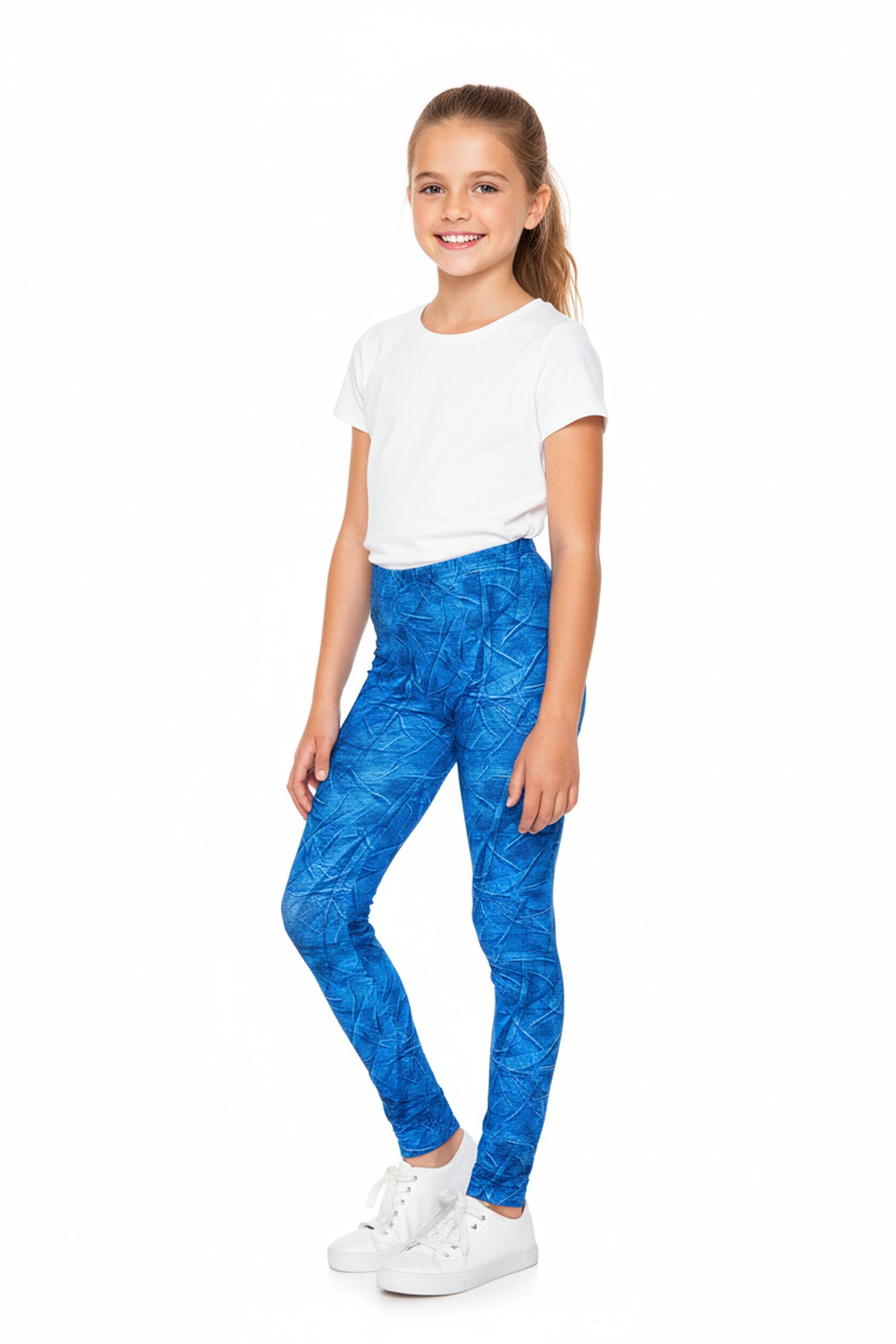 Creamy Soft Blue Wrinkled Denim Kids Leggings - USA Fashion™