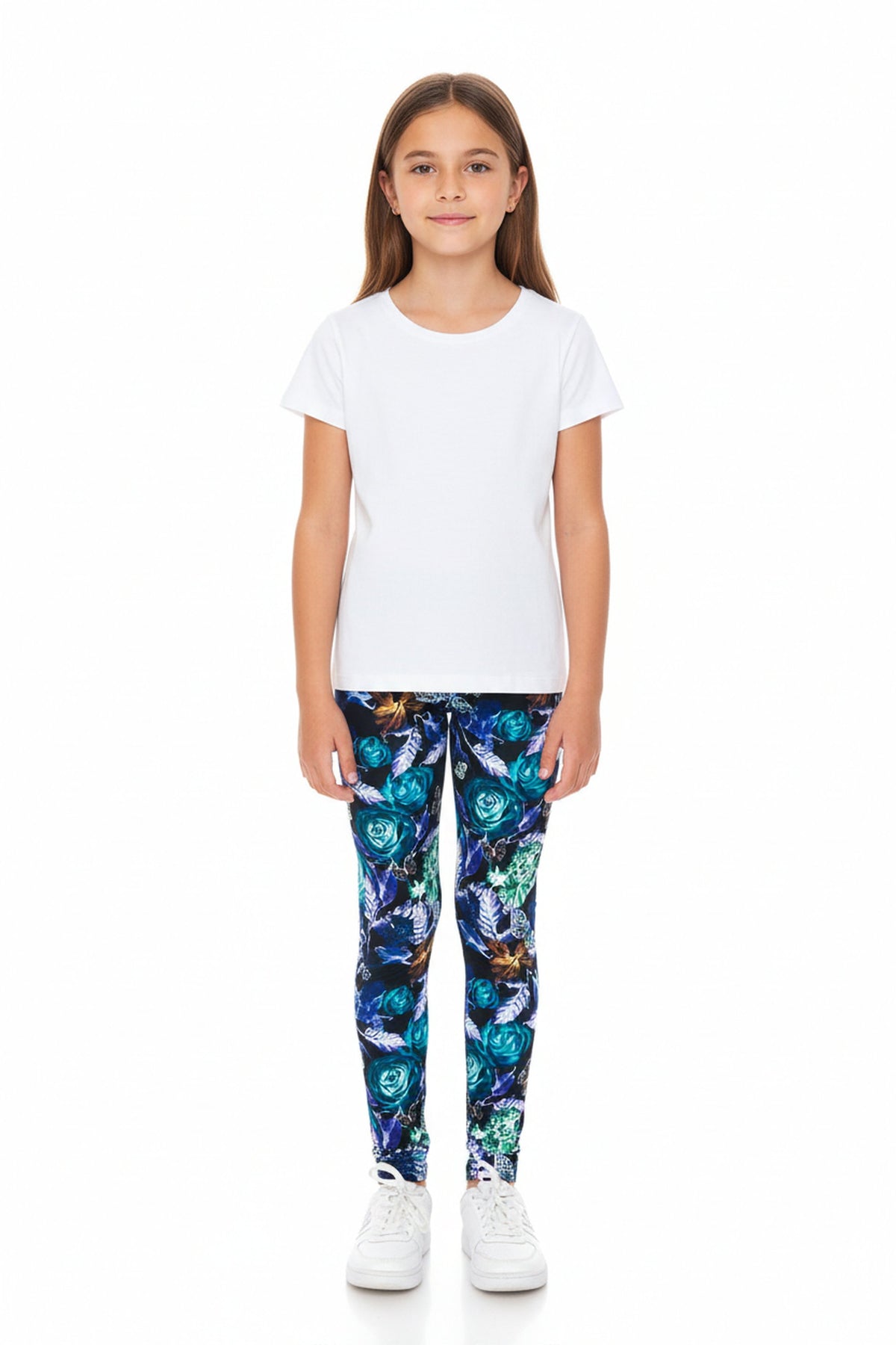 Creamy Soft Electric Blue Floral Butterfly Kids Leggings - USA Fashion™