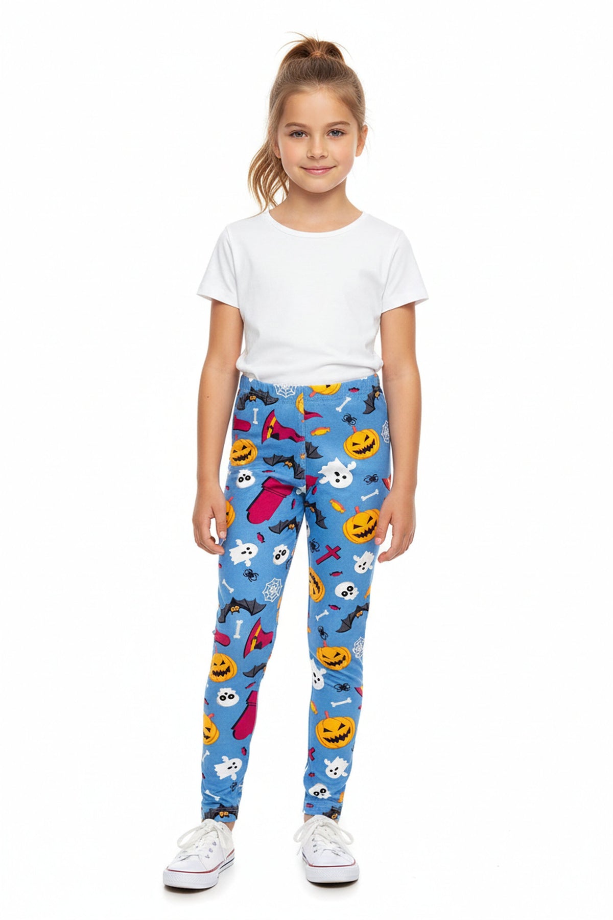 Soft Brushed Steel Blue Halloween Motif Kids Leggings