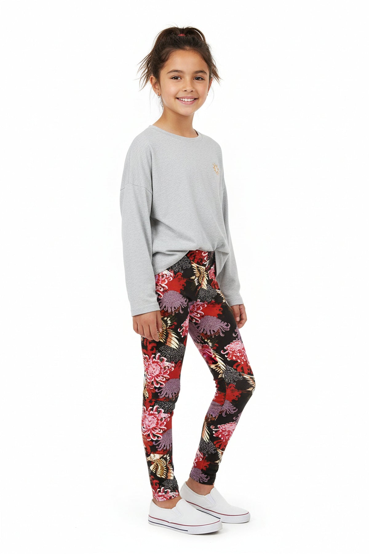 Brushed Japanese Cranes and Chrysanthemums Kids Leggings
