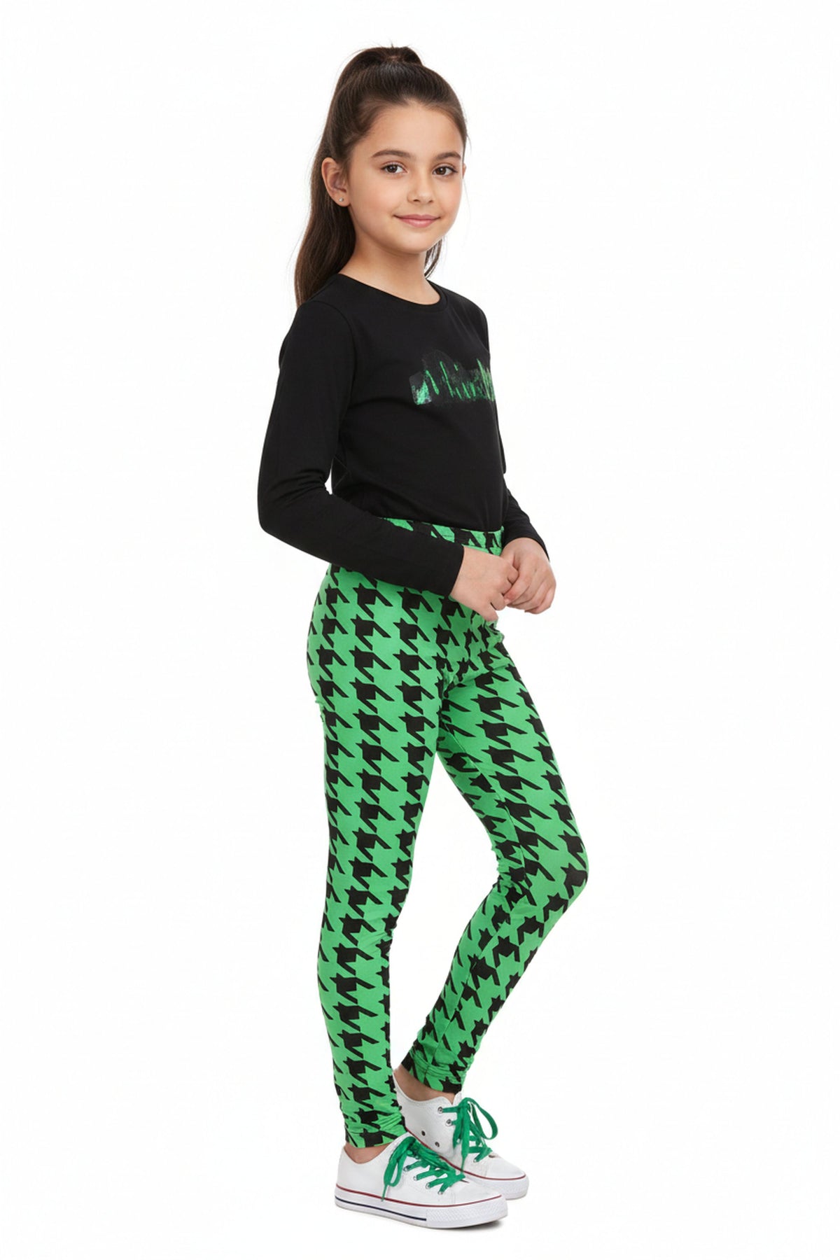 Buttery Smooth Green Houndstooth Kids Leggings