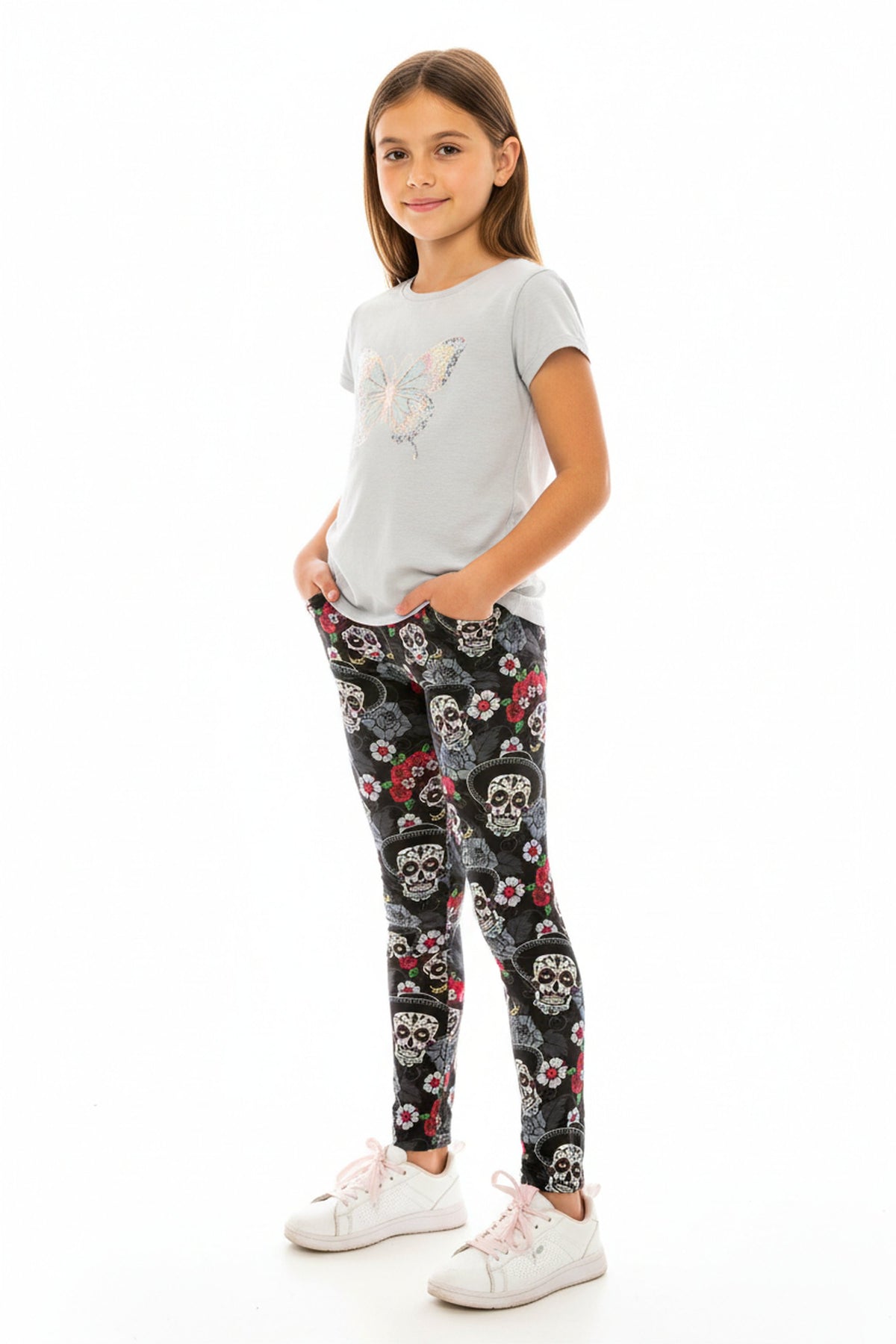 Creamy Soft Sugar Skull Floral Kids Leggings - USA Fashion™
