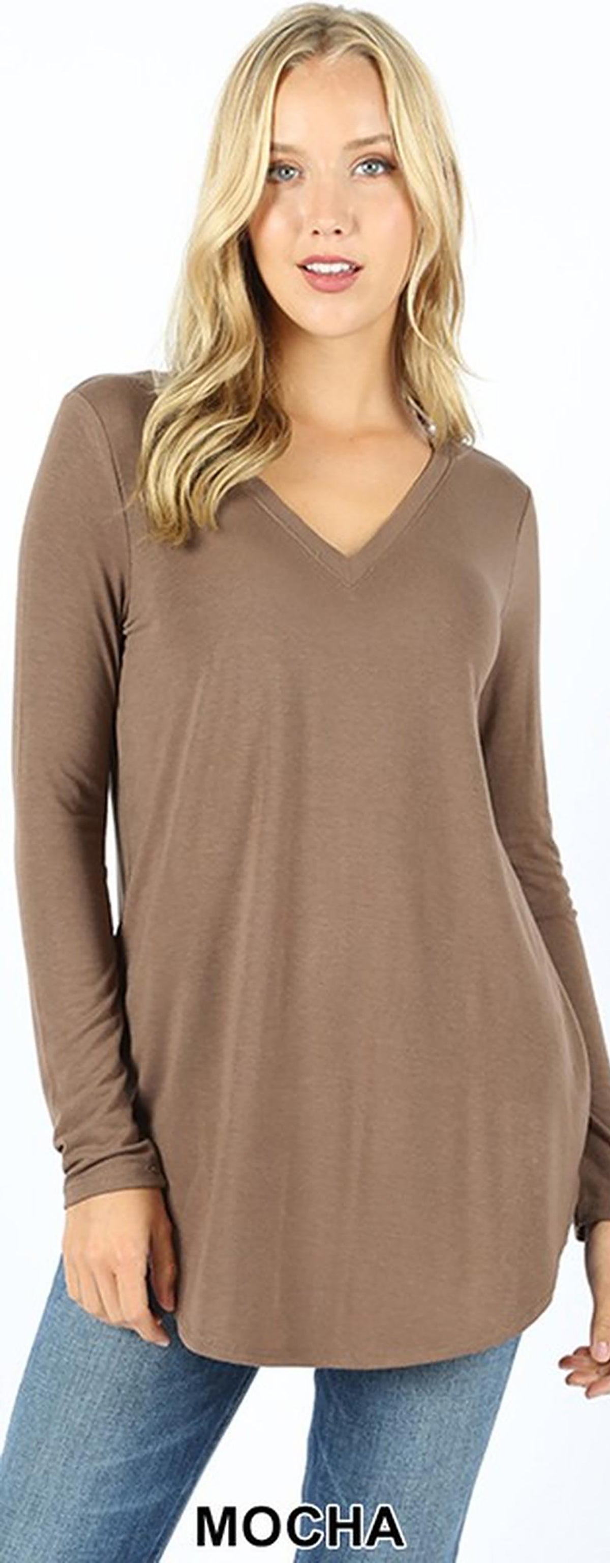 Premium V-Neck Round Hem Long Sleeve Plus Size Top