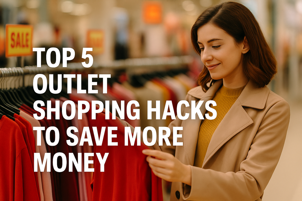 Woman browsing clothes on a sale rack in buyoutlet store with text overlay reading 'Top 5 Outlet Shopping Hacks to Save More Money'.