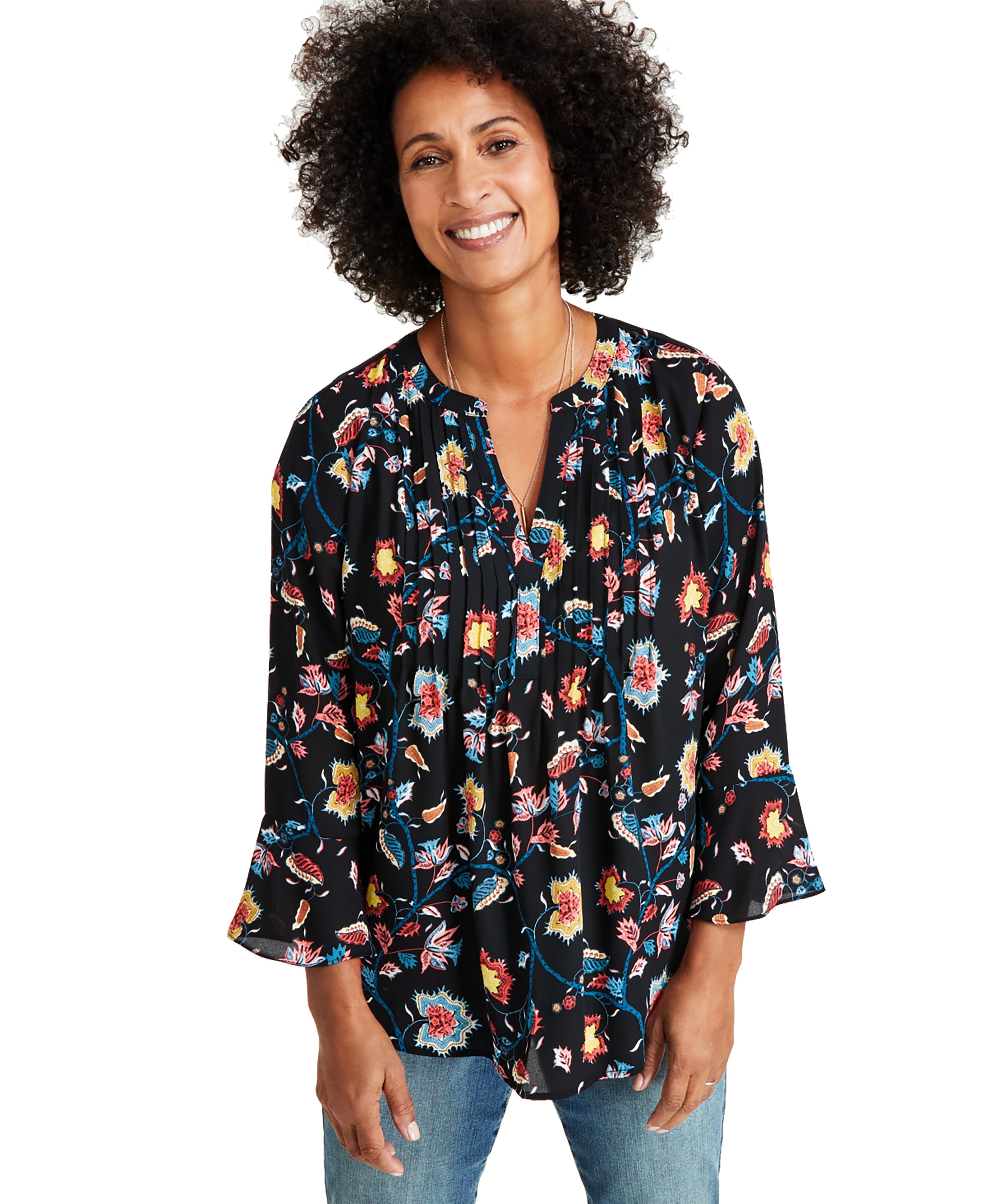 Women's Printed Pintuck Ruffle Sleeve Top, Regular & Petite