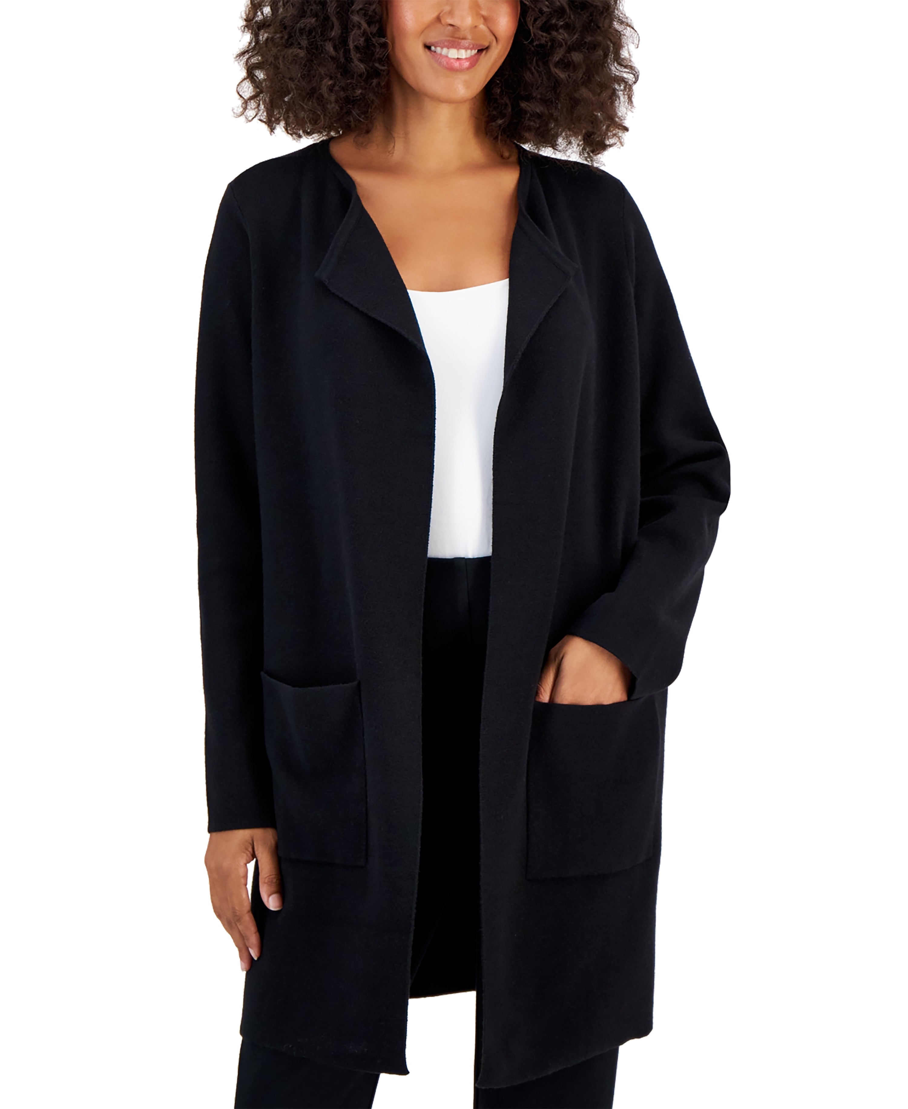 Petite Winged-Collar Open-Front Cardigan