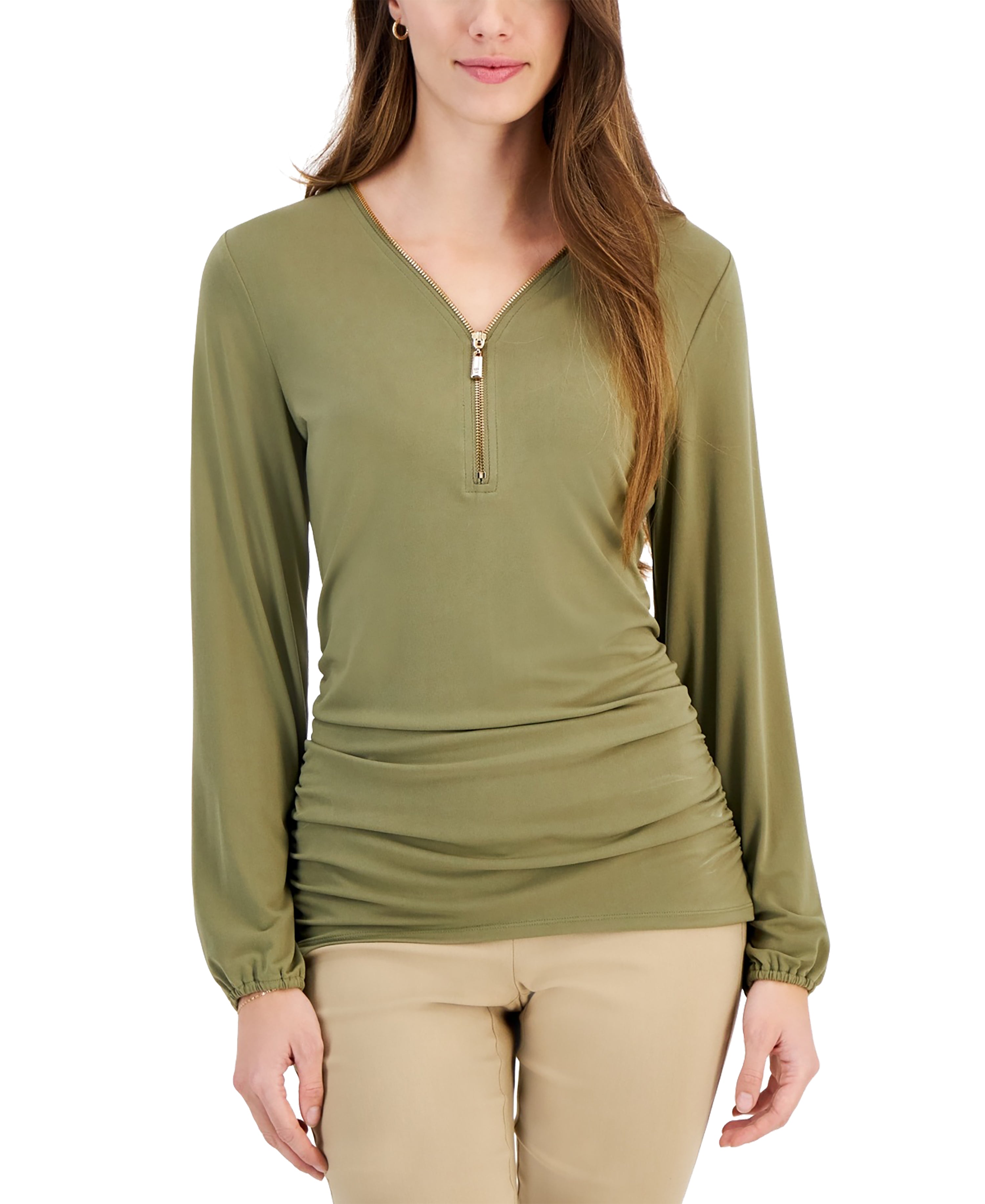 Women's Zip V-Neck Ruched Front Top