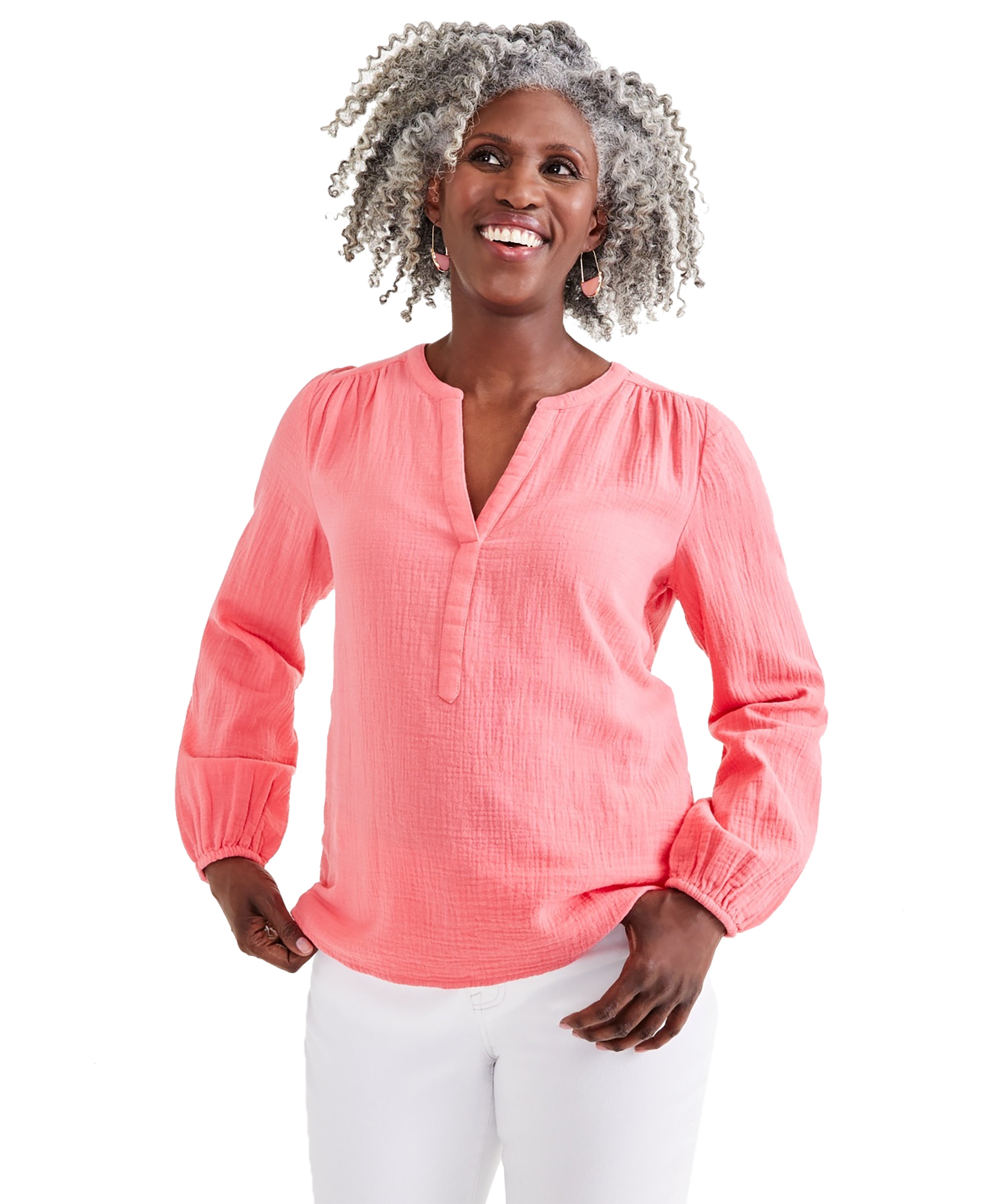 Women's Cotton Gauze Split-Neck Blouse