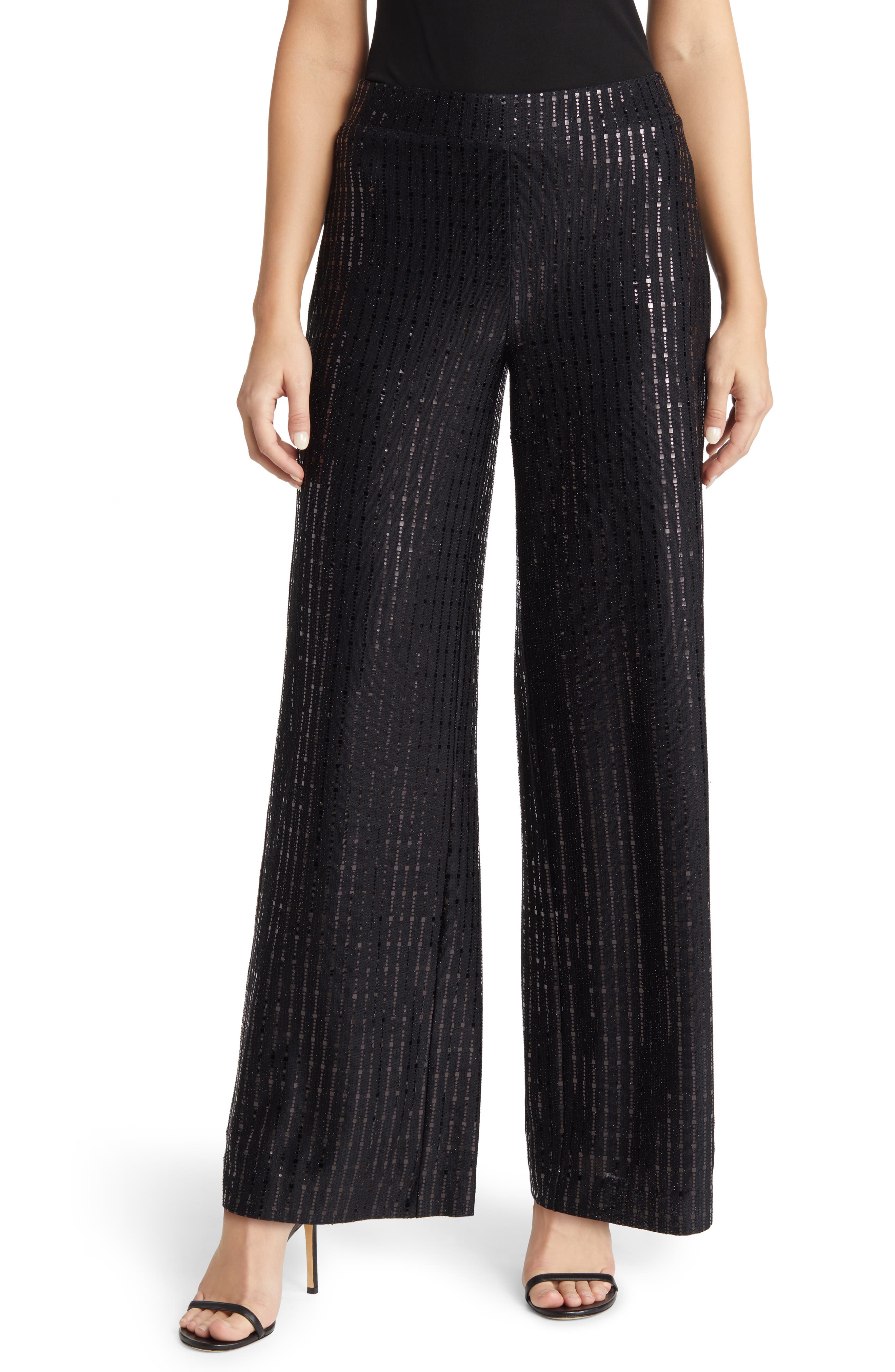 Anne Klein Linear Shine Sequin Wide Leg Pants in Anne Black