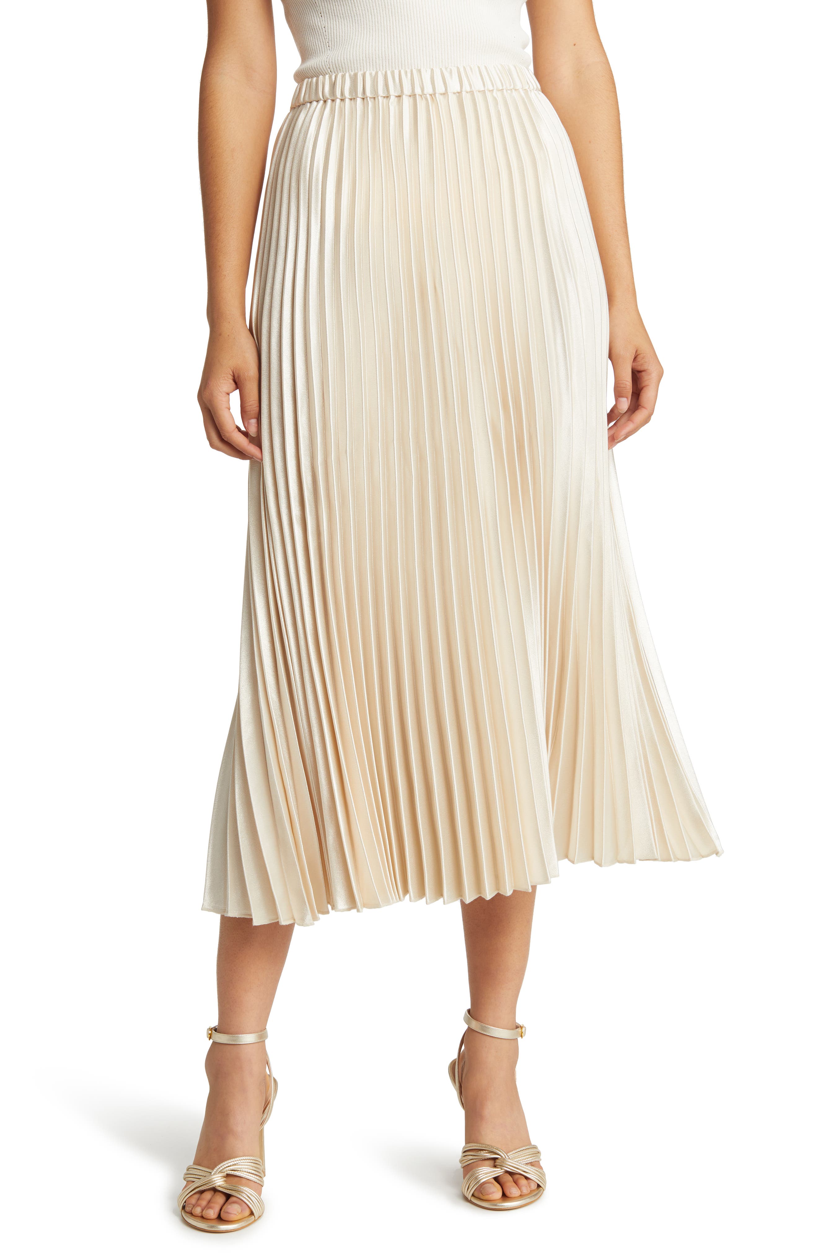 Anne Klein Pleated Satin Crepe Midi Skirt in Anne White