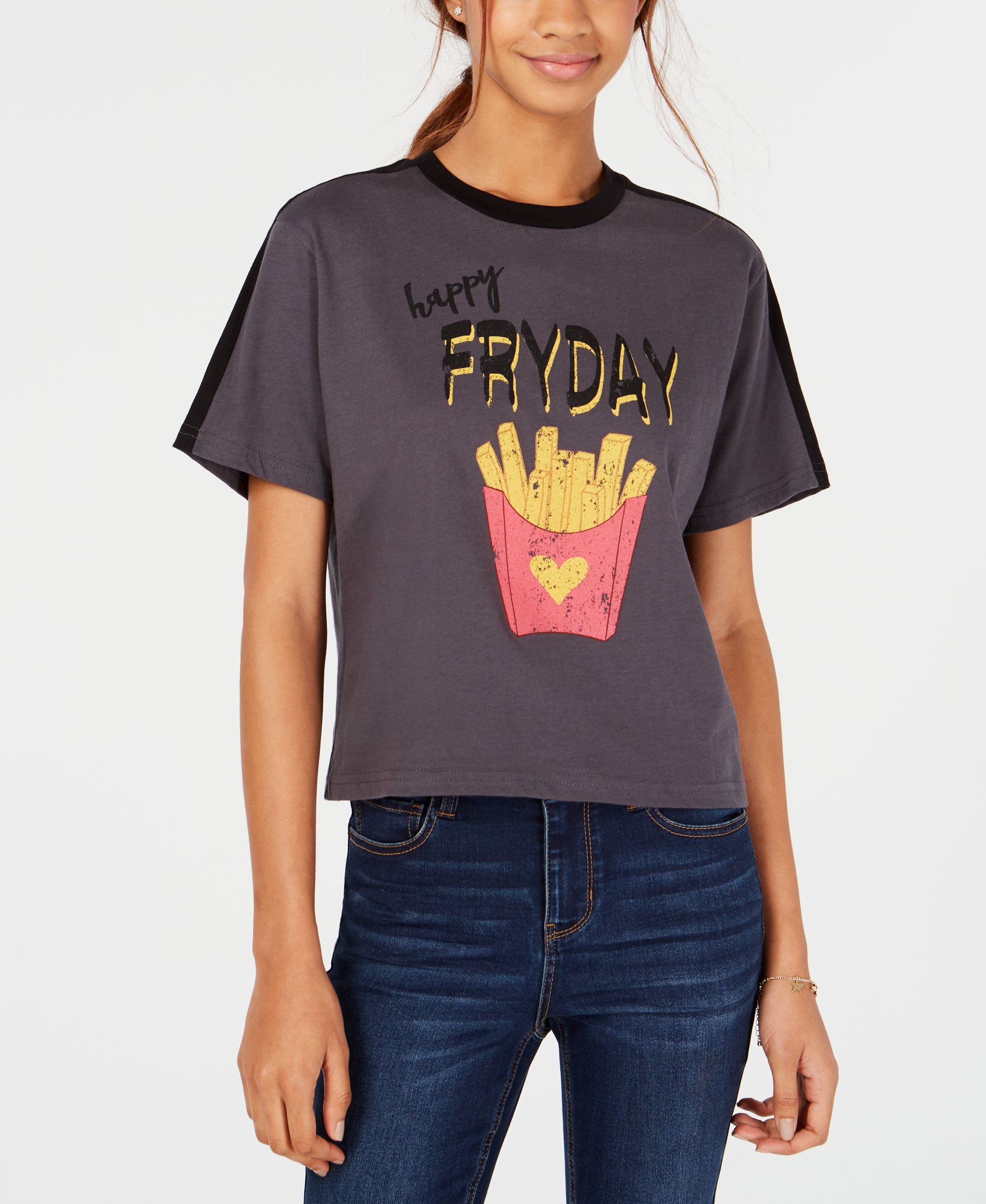 Rebellious One Juniors Fryday Crop Graphic Ringer T-Shirt
