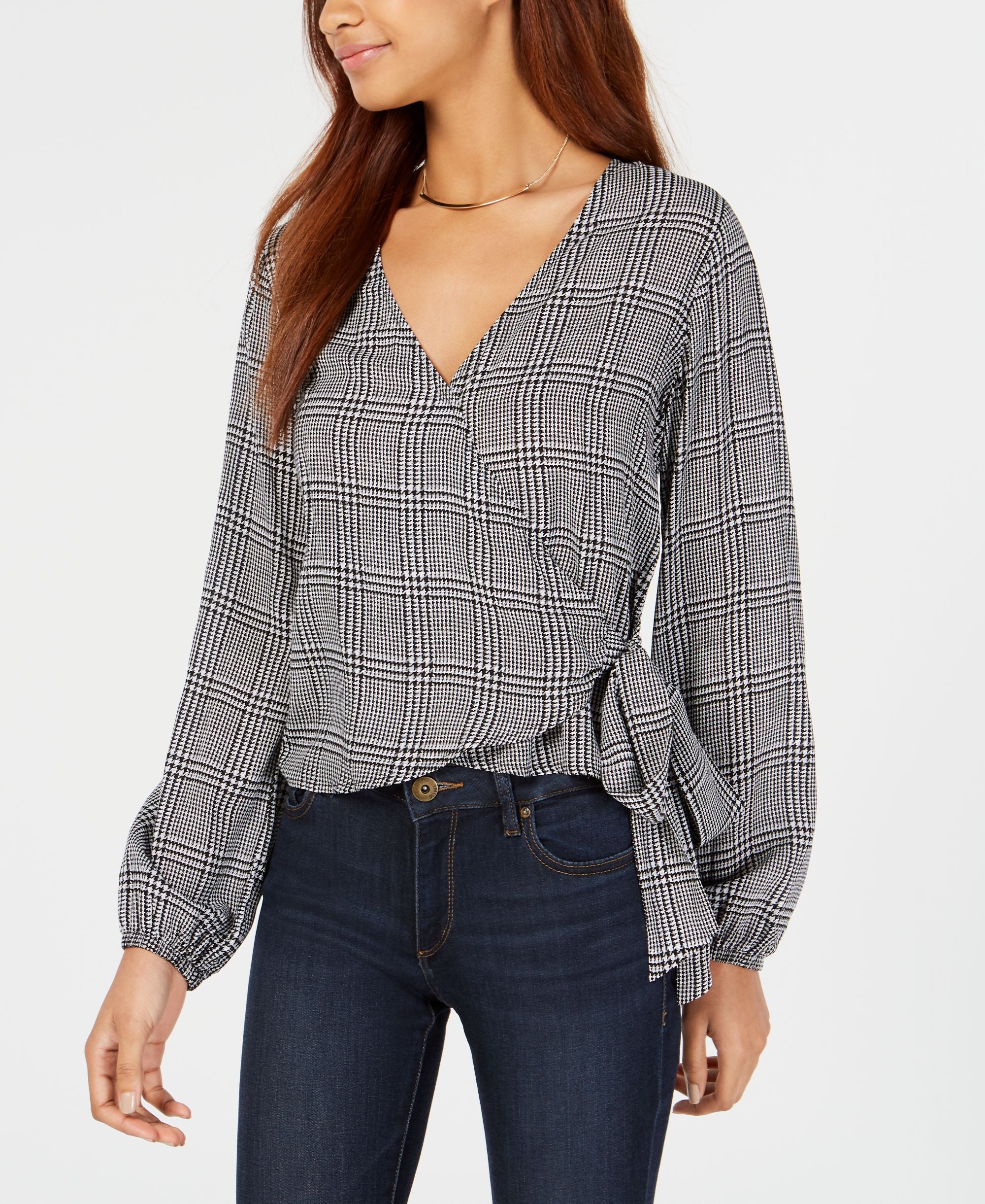 Houndstooth-Print Wrap Blouse