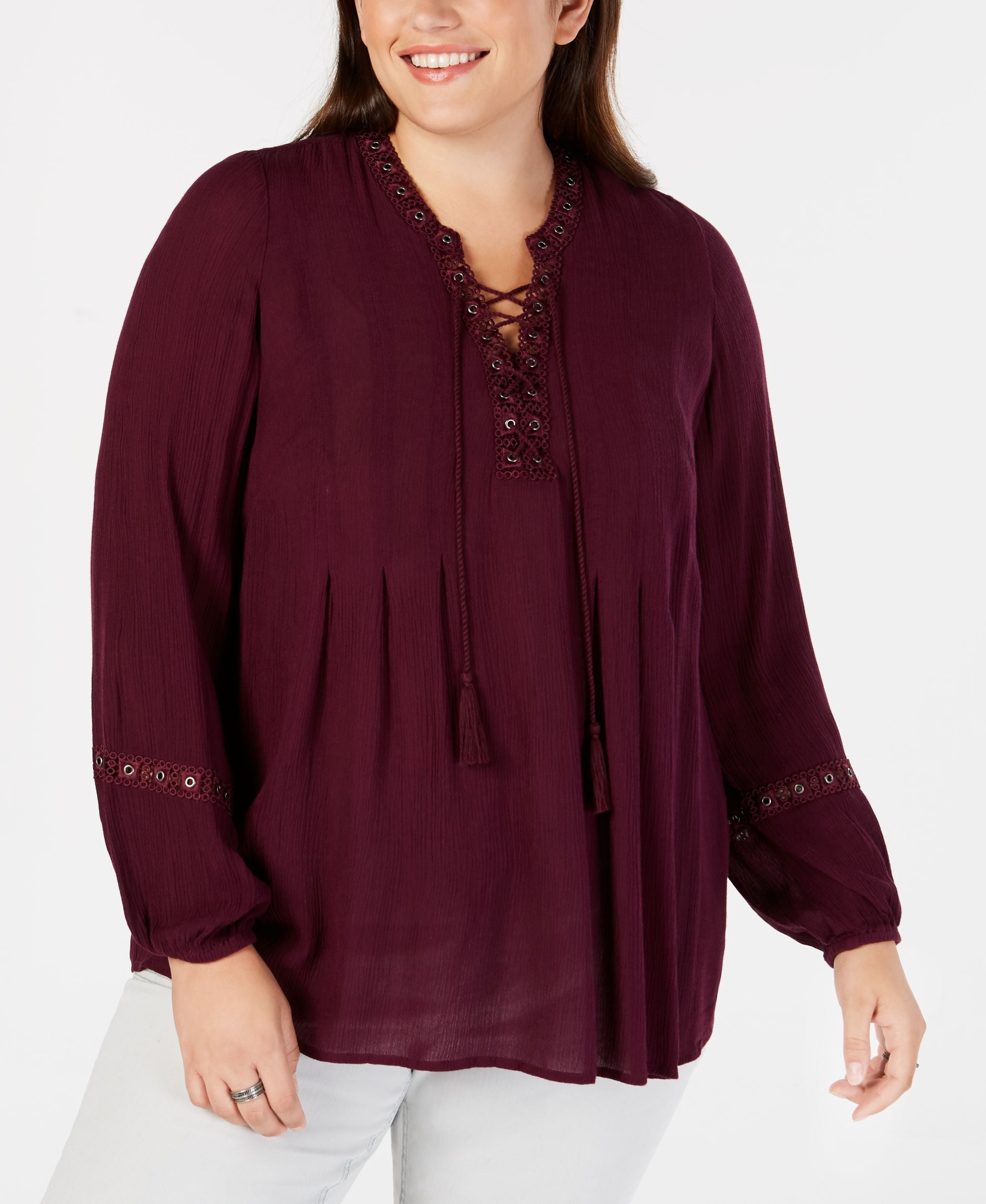 Style & Co Plus Size Lace Up Crochet Trim Peasant Top