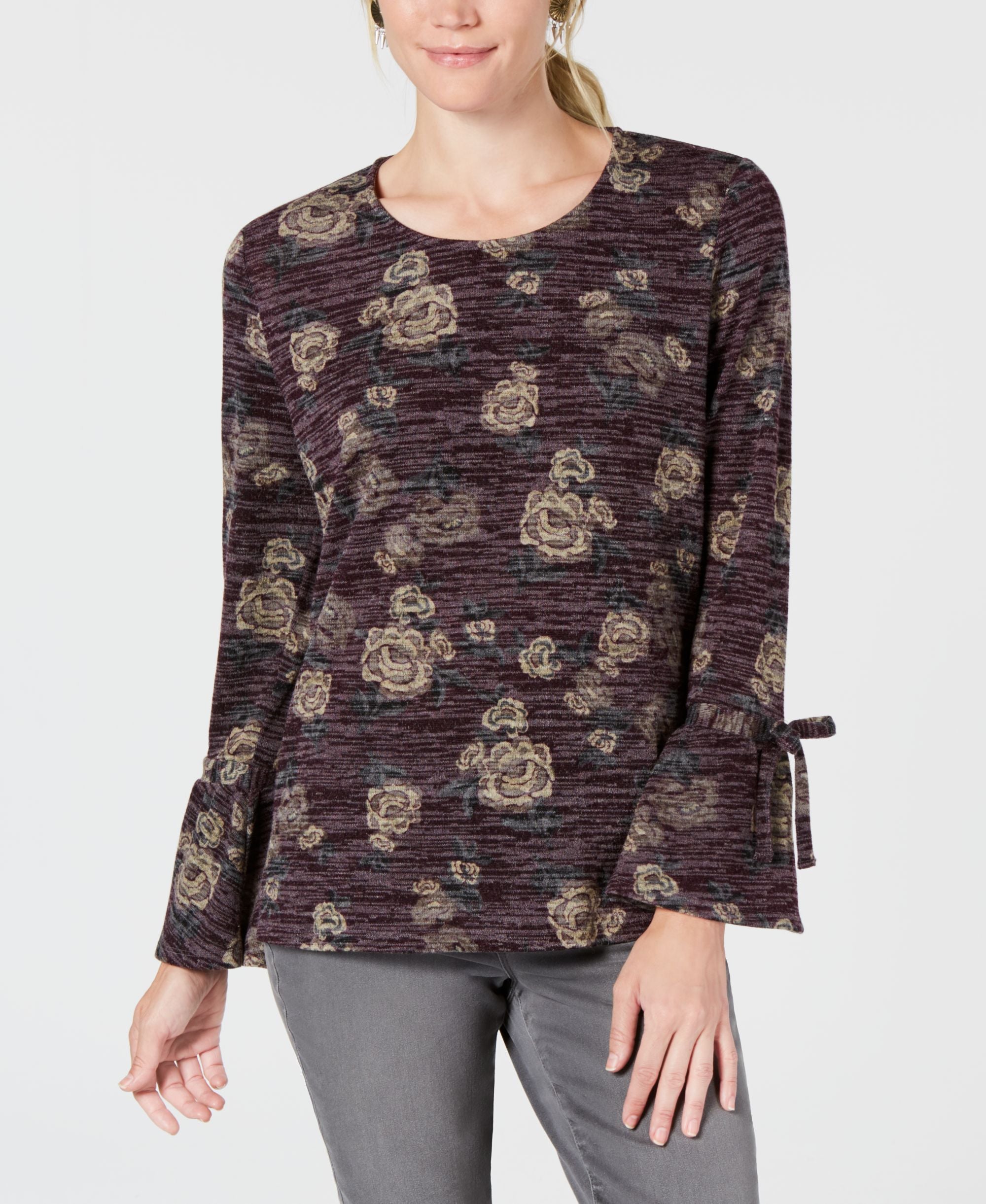 Style & Co Petite Scoop Neck Lantern Tie Long Sleeve Top