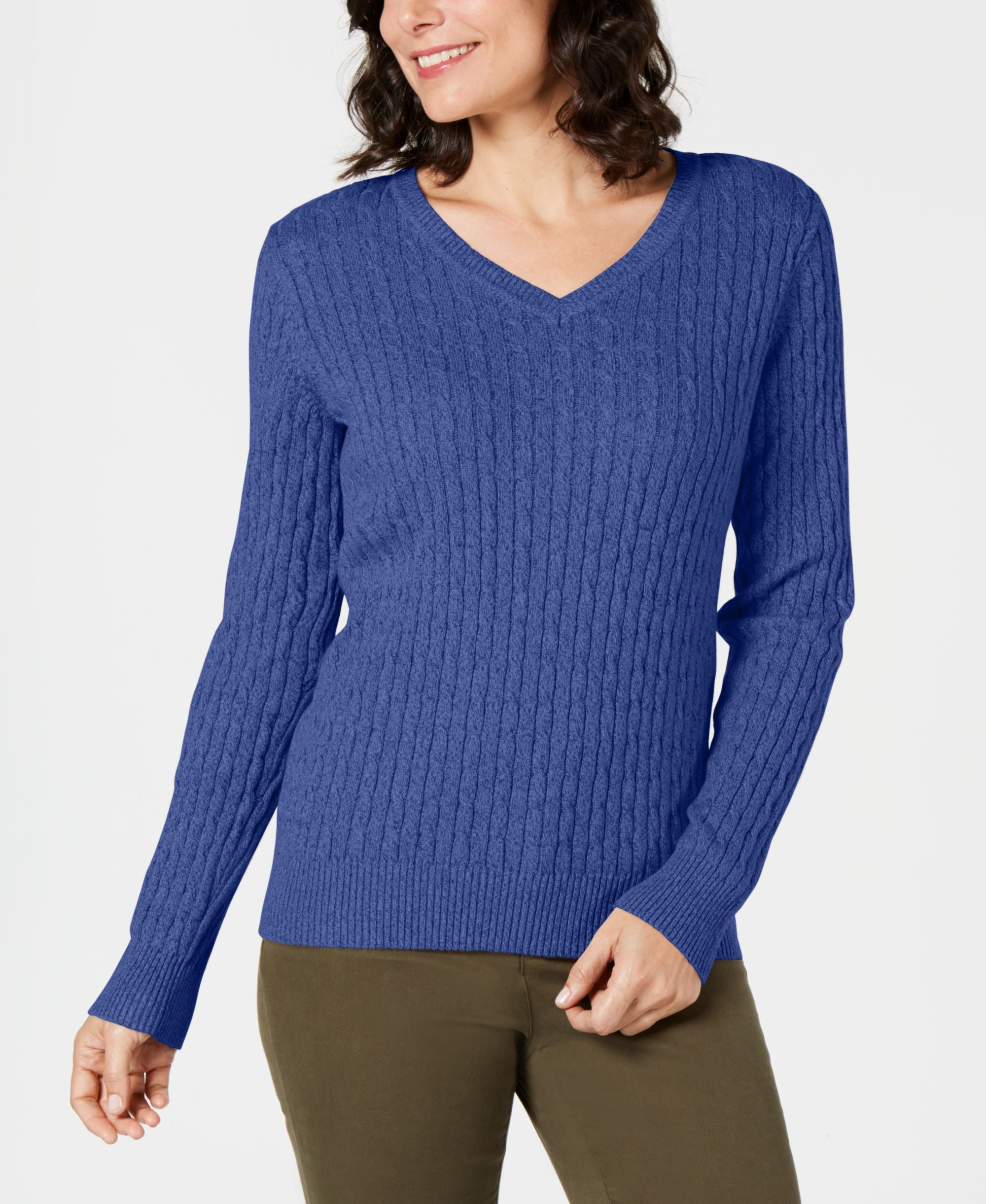 Karen Scott V Neck Cable Knit Sweater