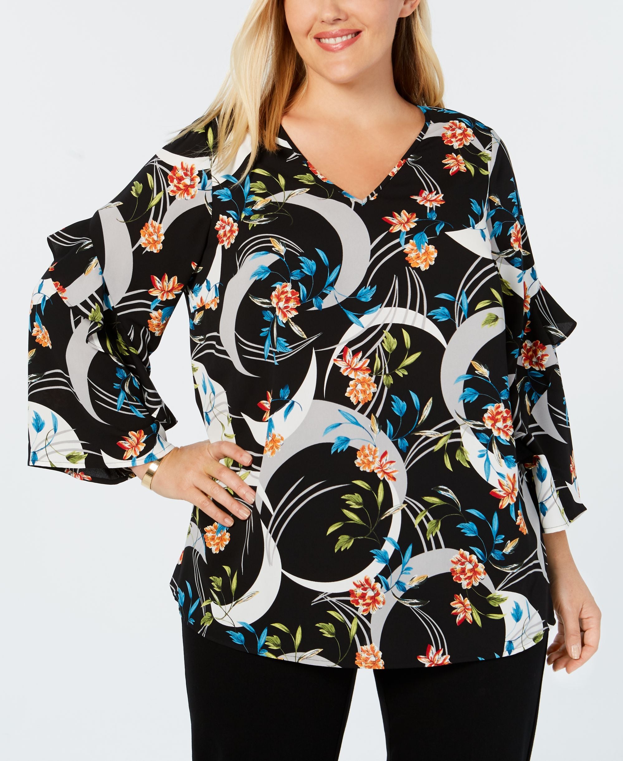 Alfani Plus Size Printed Ruffled Sleeve Zip Back Top
