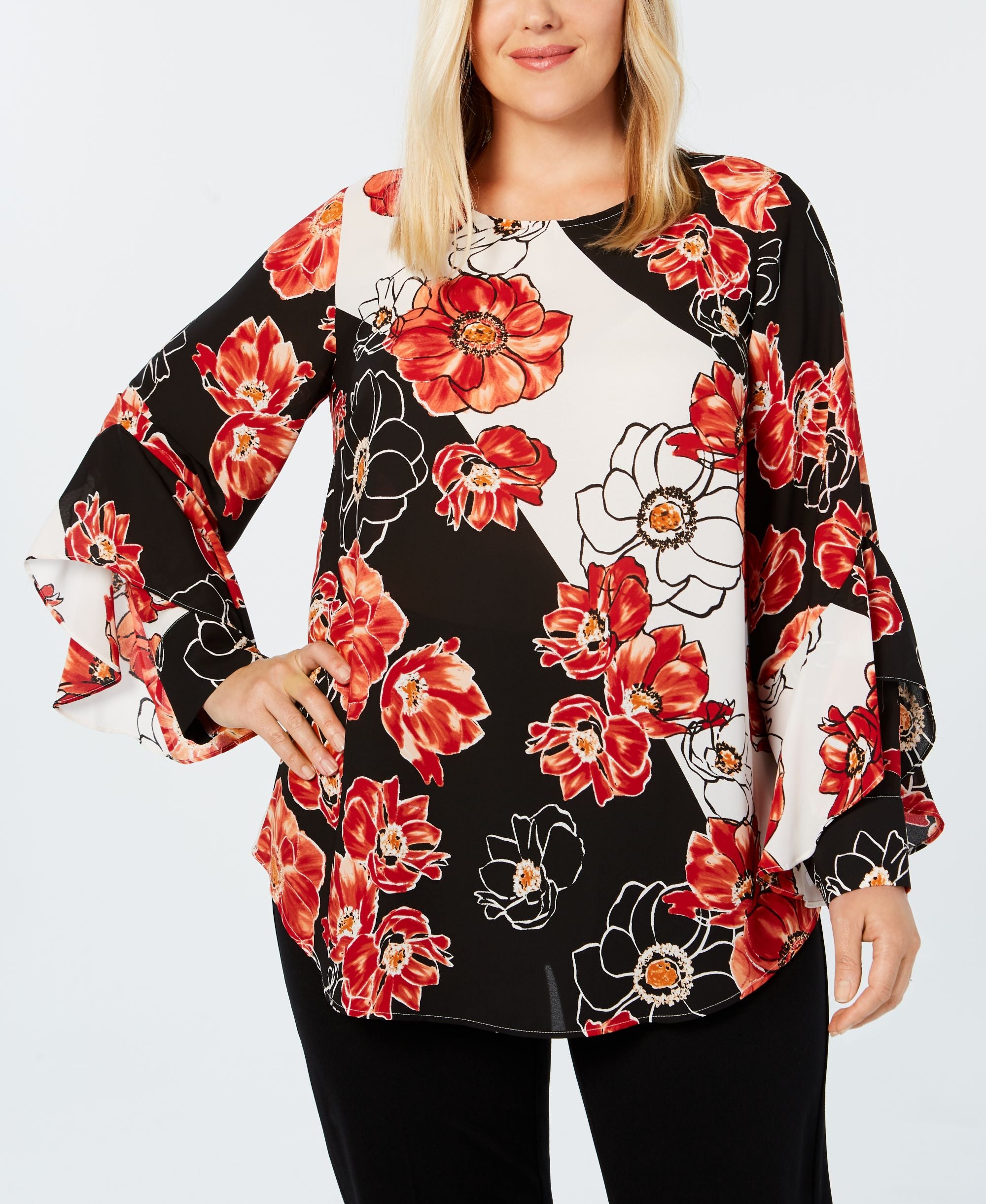 Alfani Plus Size Ruffled Sleeve Printed Blouse