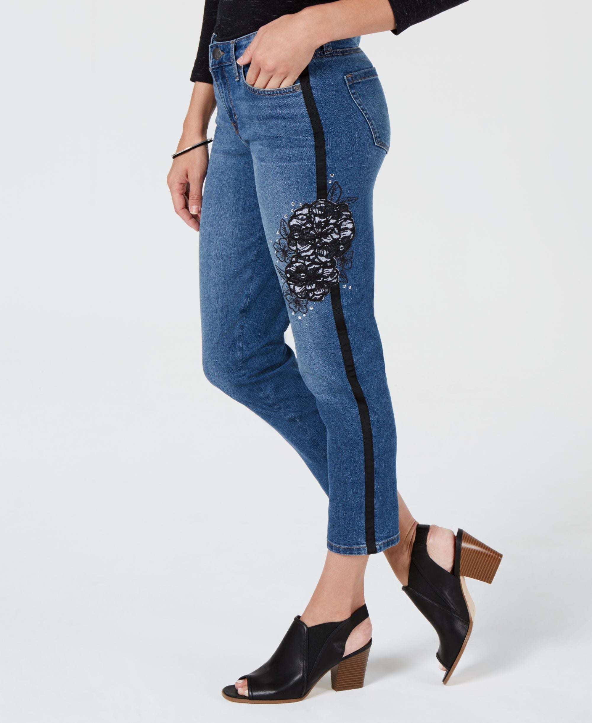 Style & Co Petite Embroidered Side Stripe Cropped Jeans