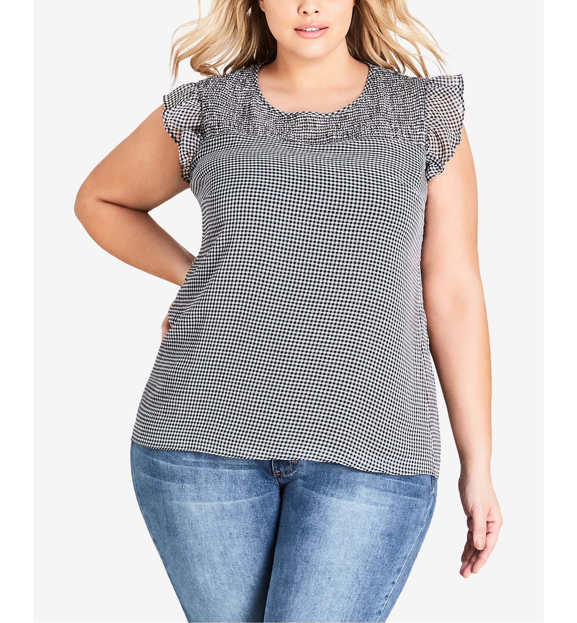 City Chic Trendy Plus Size Gingham Print Flutter Sleeve Top