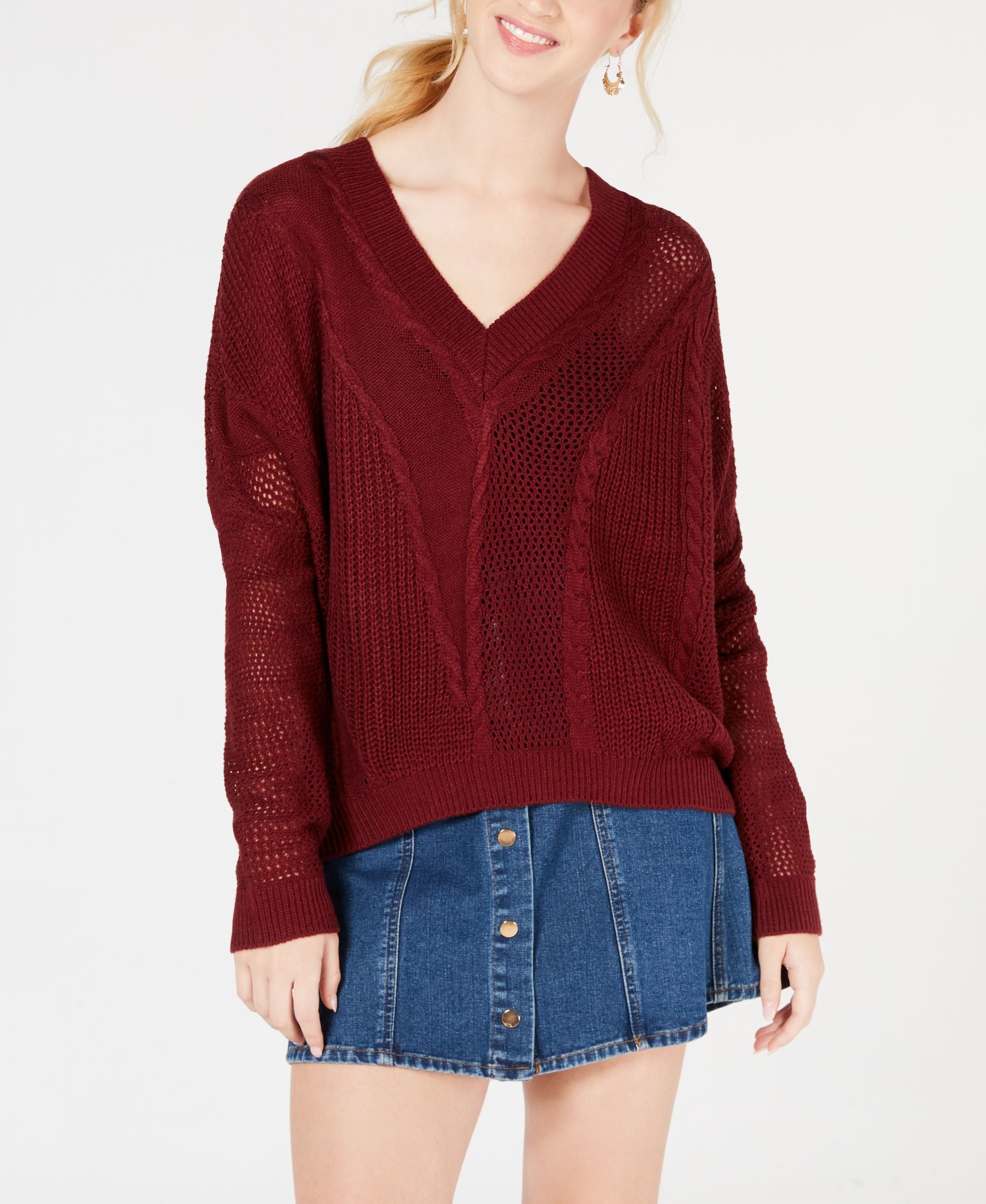 Ultra Flirt By Ikeddi Juniors Pointelle Cable Knit Sweater