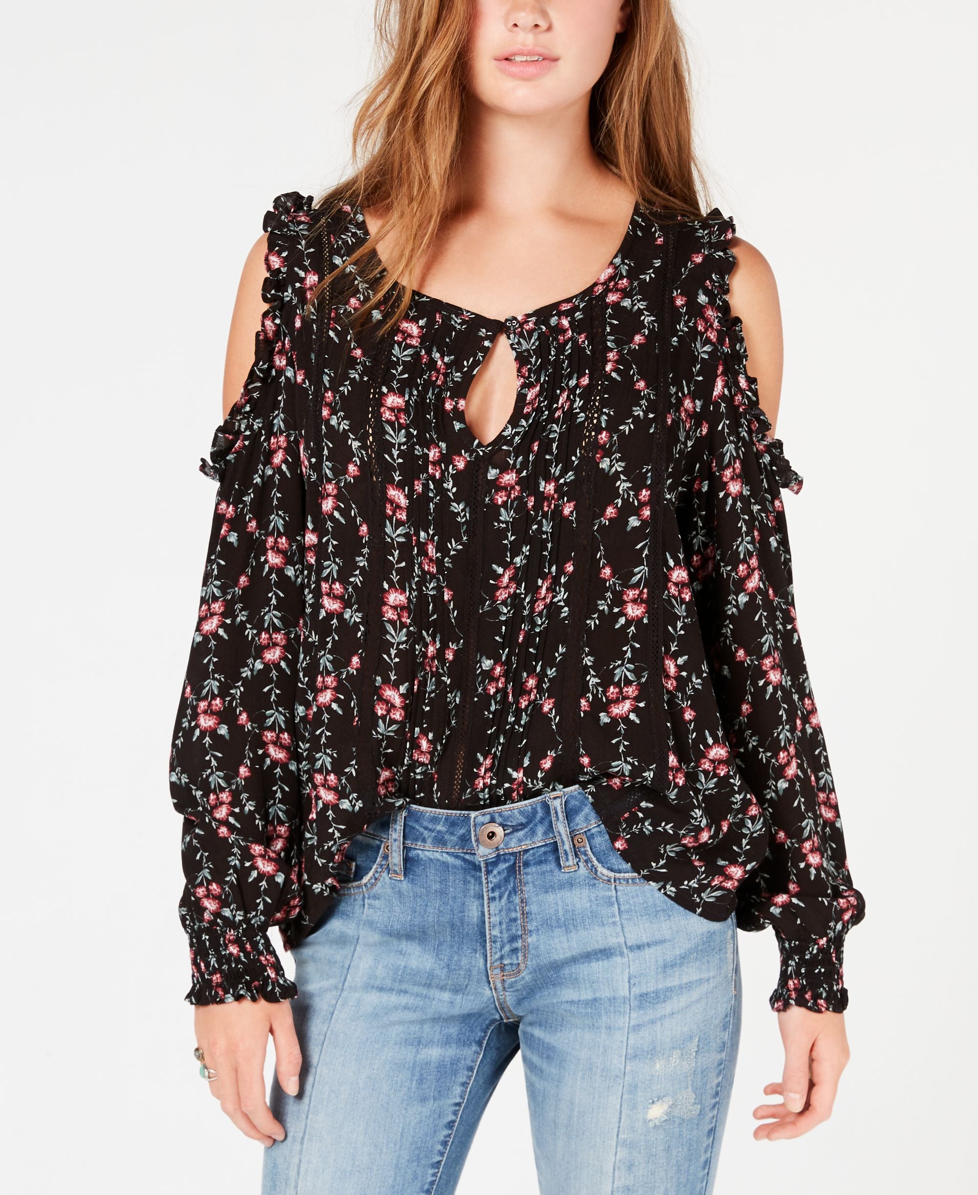 America Rag Juniors Printed Ruffled Cold Shoulder Top