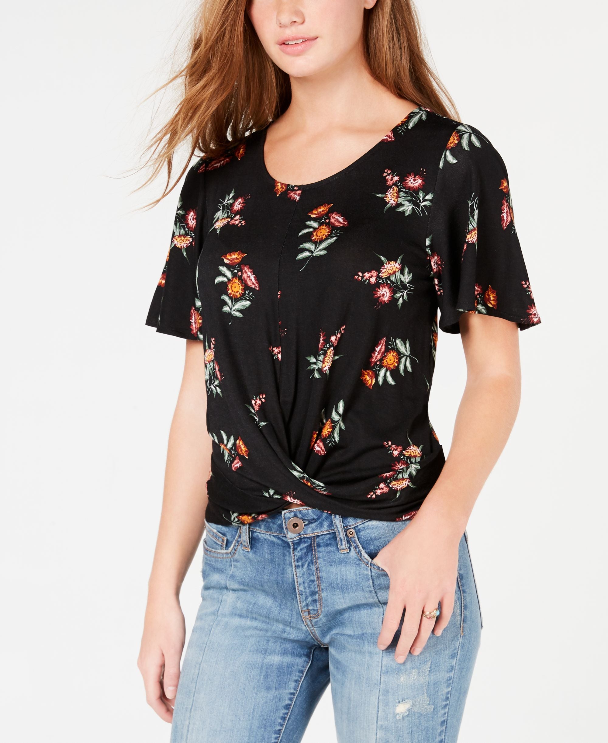 Juniors' Floral-Print Twist-Front Top