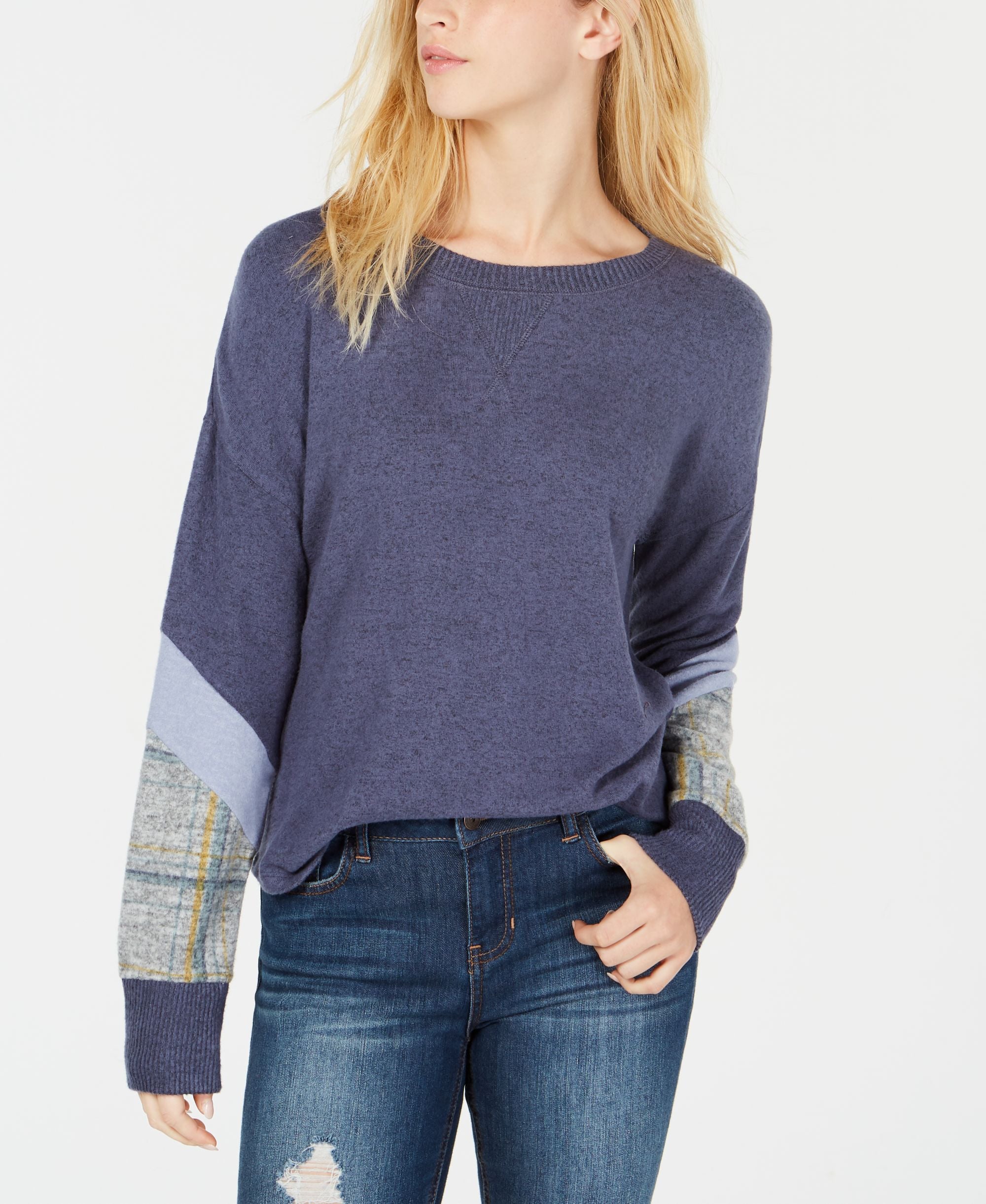 Hippie Rose Juniors Plaid Sleeve Hacci Sweater