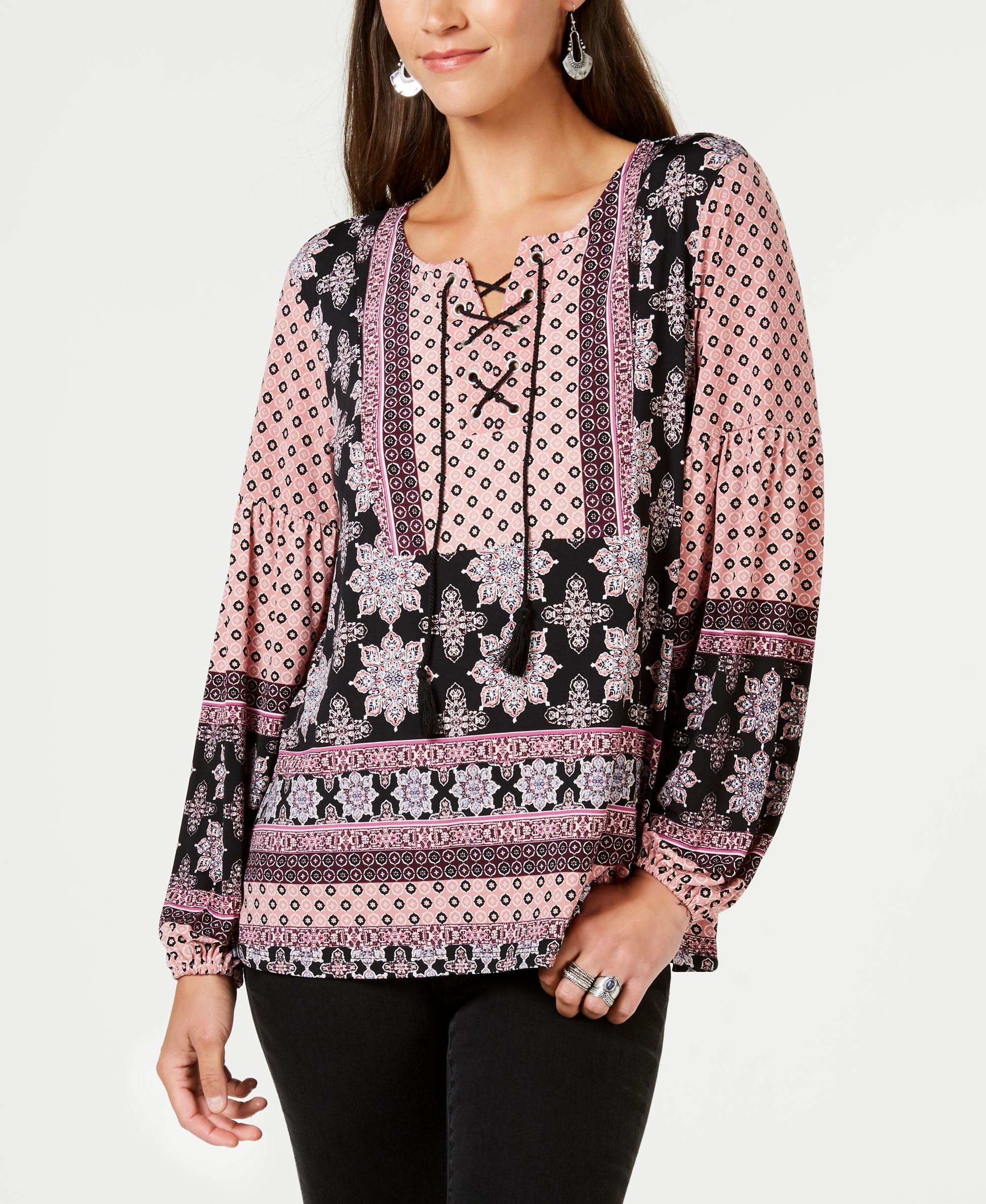 Style & Co Petite Printed Lace Up Peasant Top