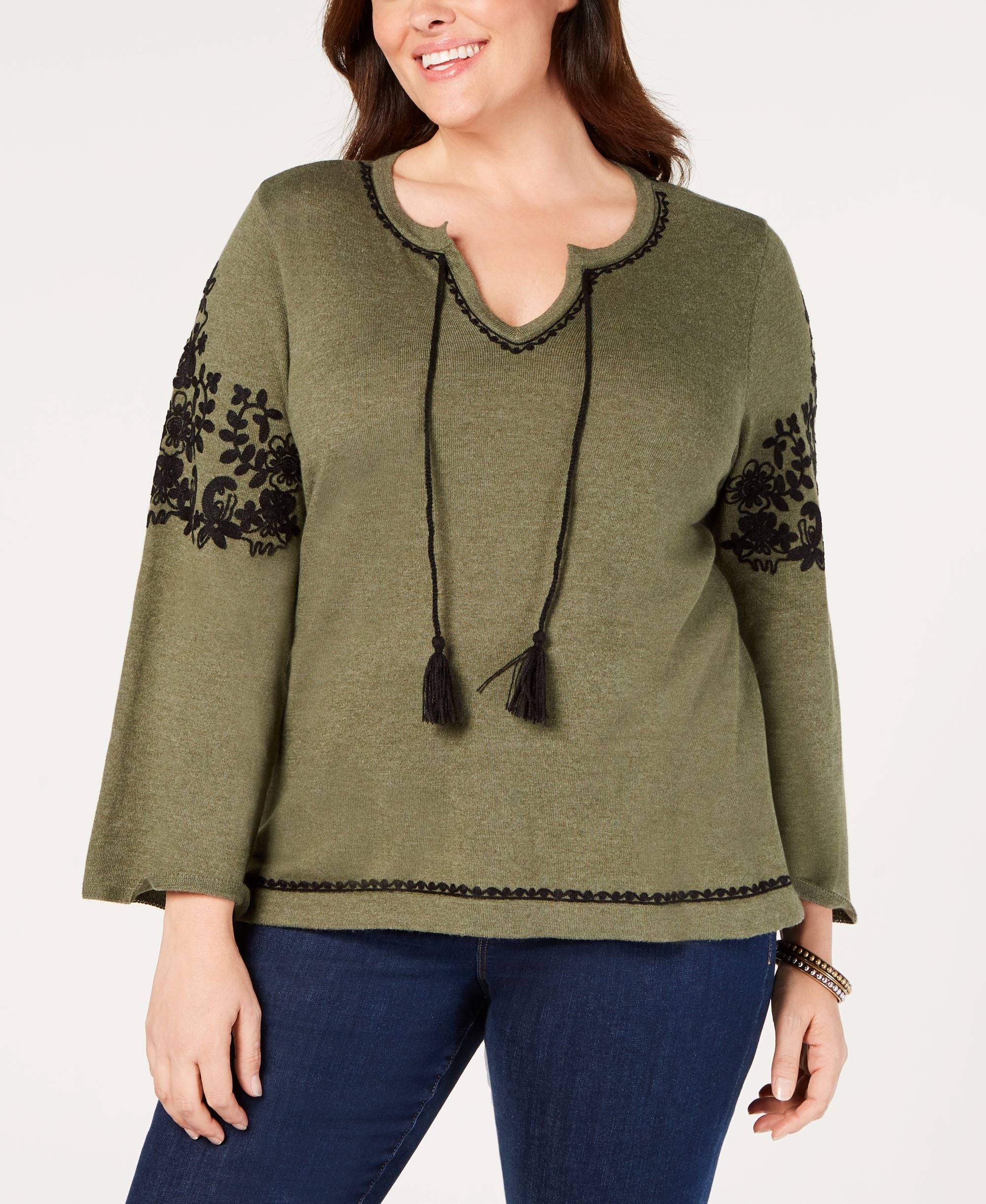 Style & Co Plus Size Embroidered Peasant Sweater