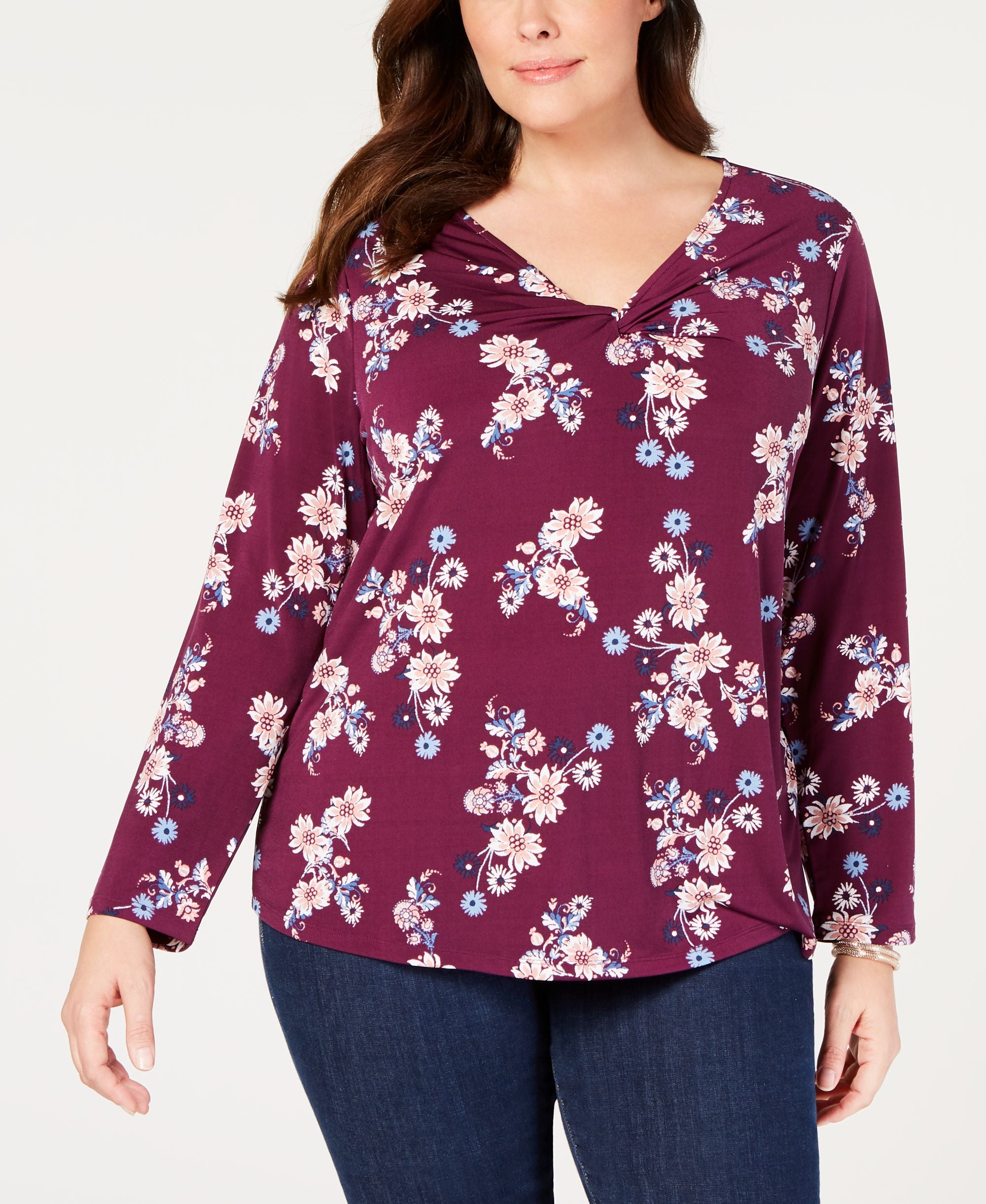 Style & Co Plus Size Printed Twist Neckline Top