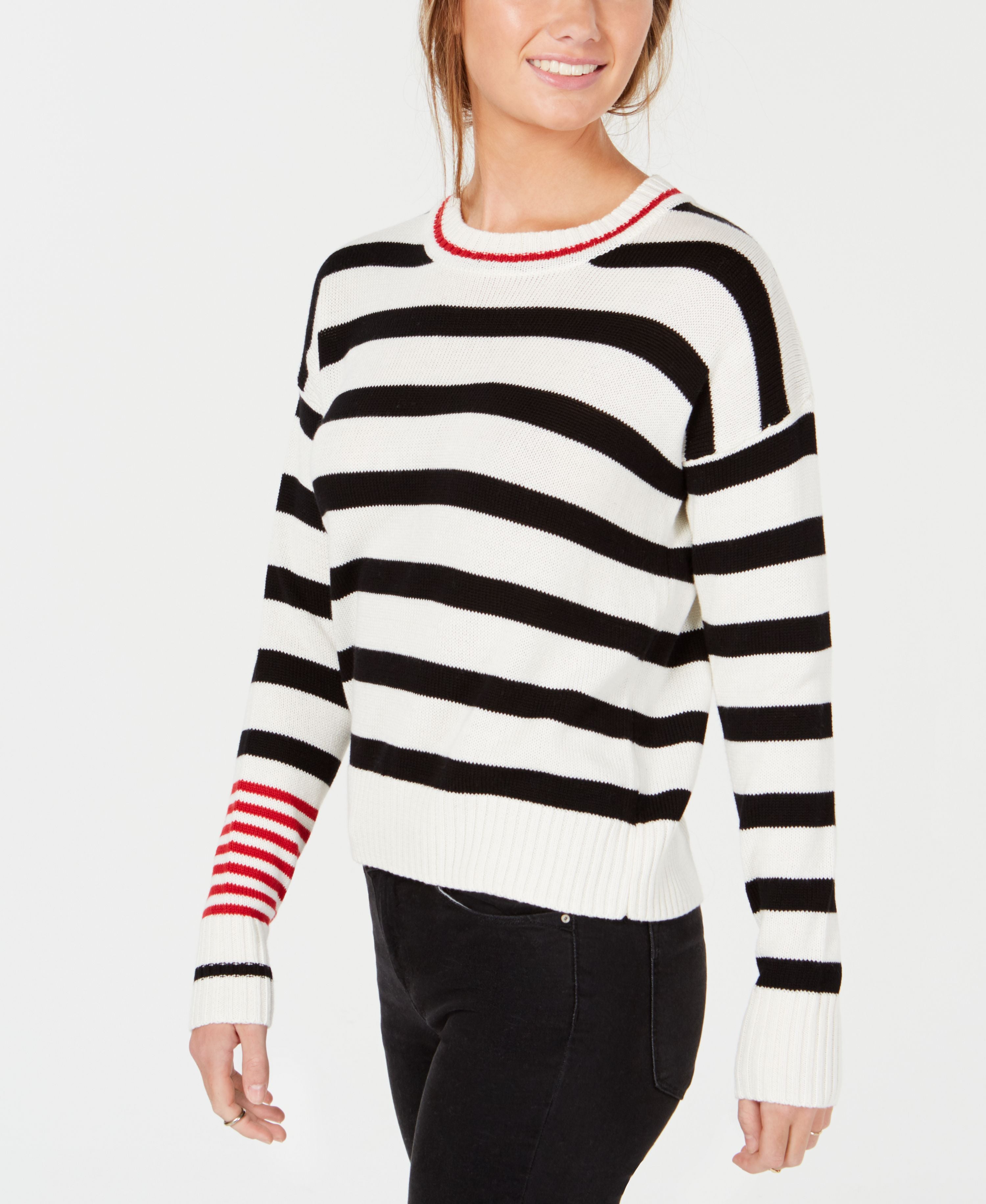 Freshman Juniors' Contrast Striped Sweater Black Poppy Combo XL