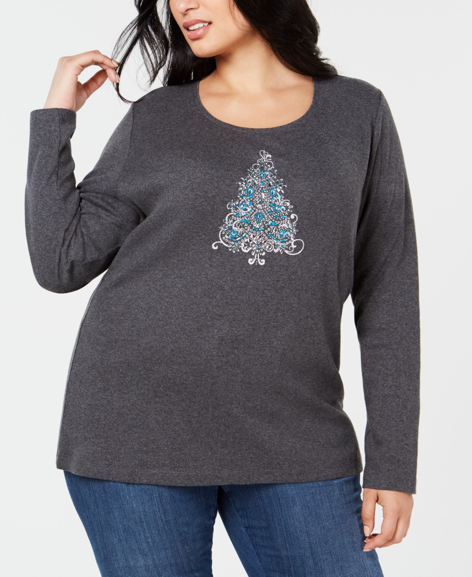 Karen Scott Plus Size Cotton Fancy Holiday Tree T-Shirt