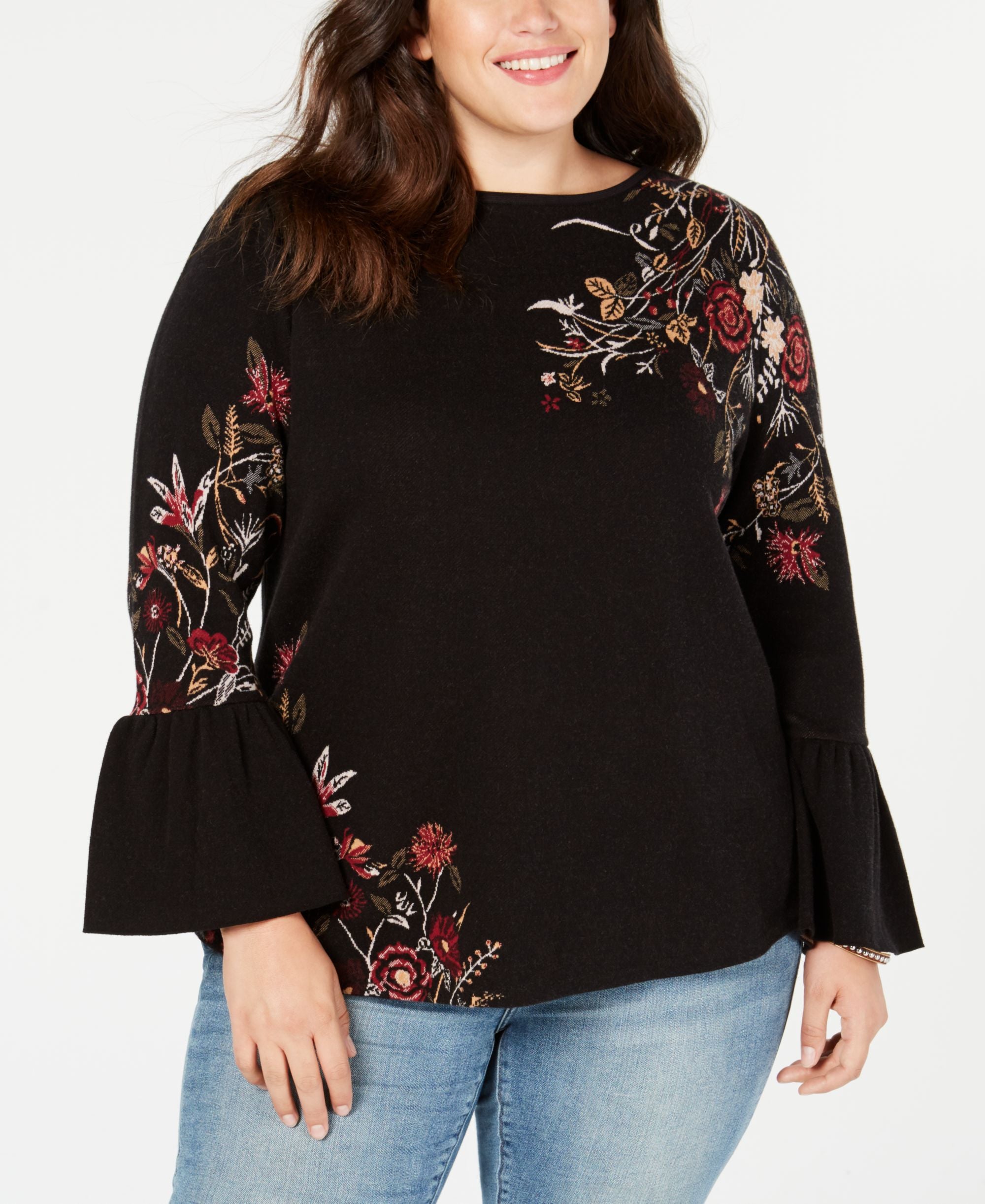 Plus Size Cotton Jacquard Bell-Sleeve Sweater