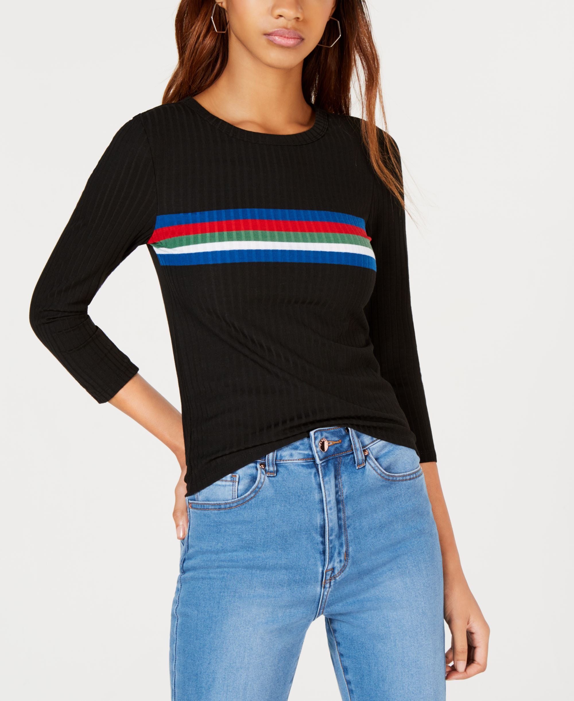 Juniors' Striped Ribbed-Knit Top
