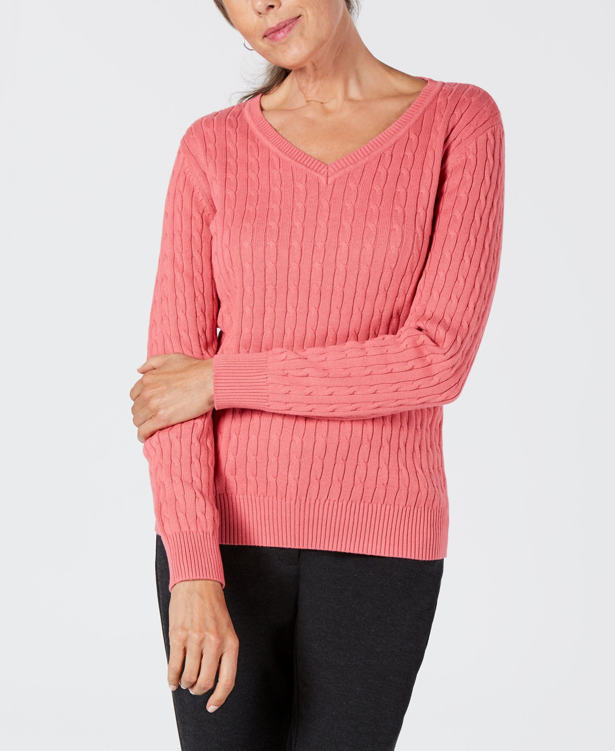 Karen Scott Cotton V Neck Cable Knit Sweater