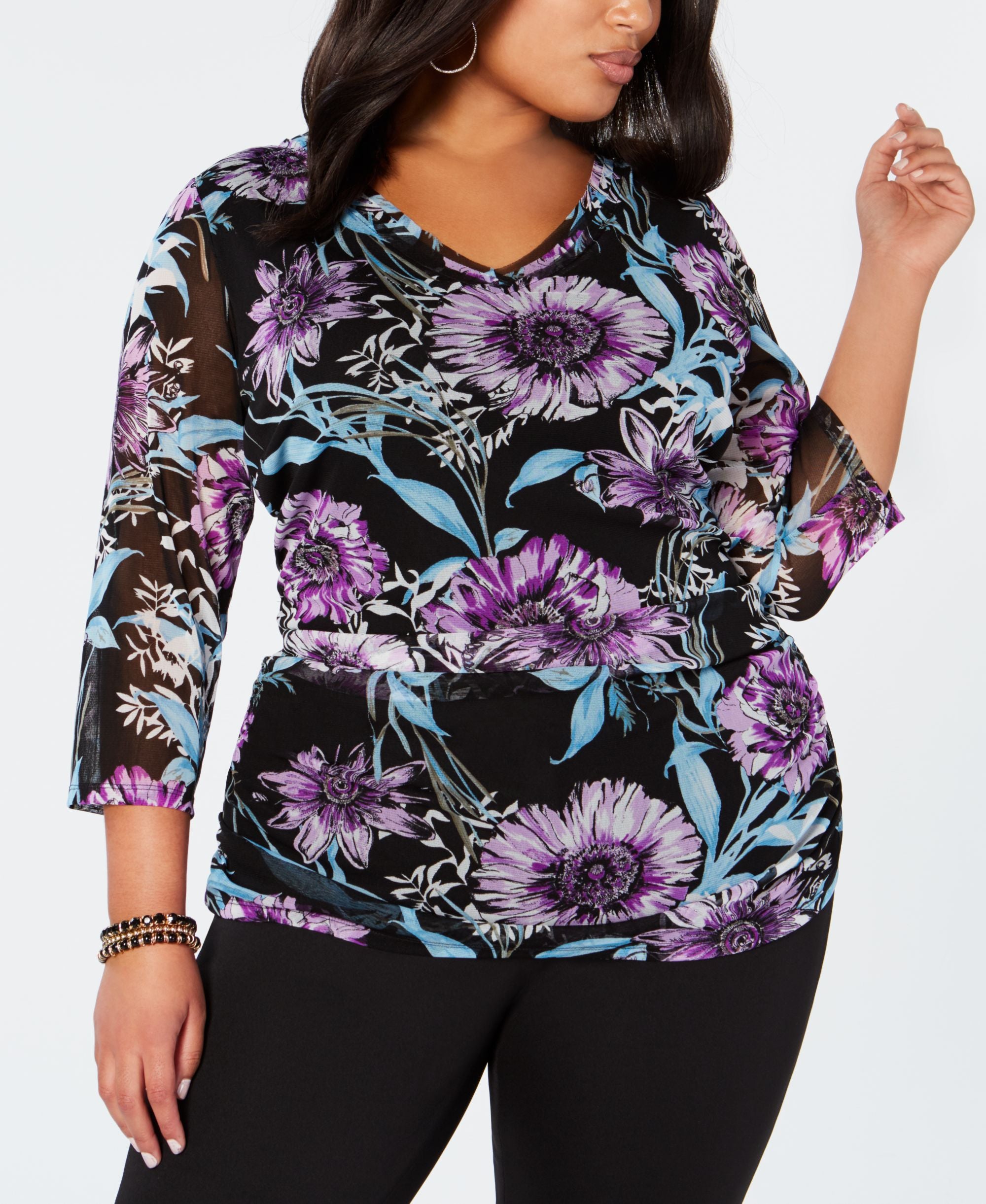 Plus Size Floral Print V Neck Top