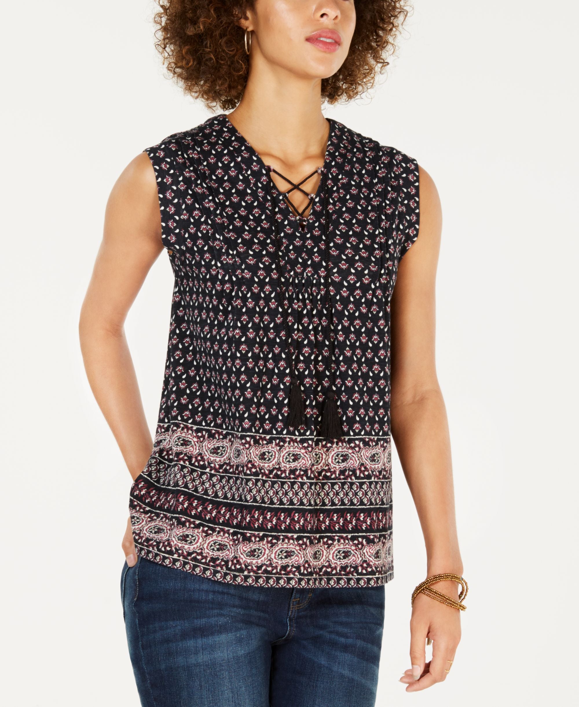 Style & Co Printed Lace Up Top