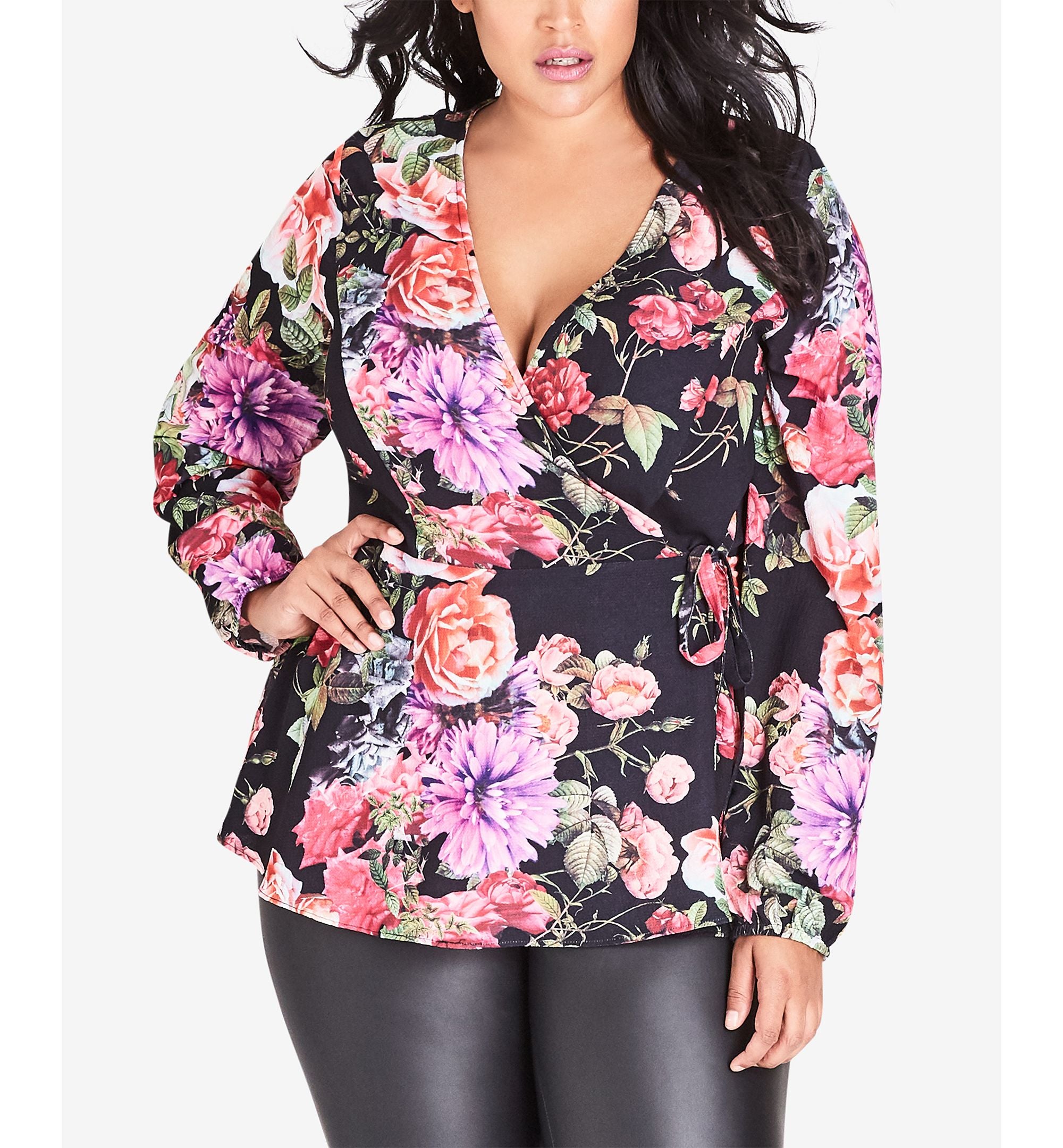 City Chic Trendy Plus Size Floral Print Wrap Top