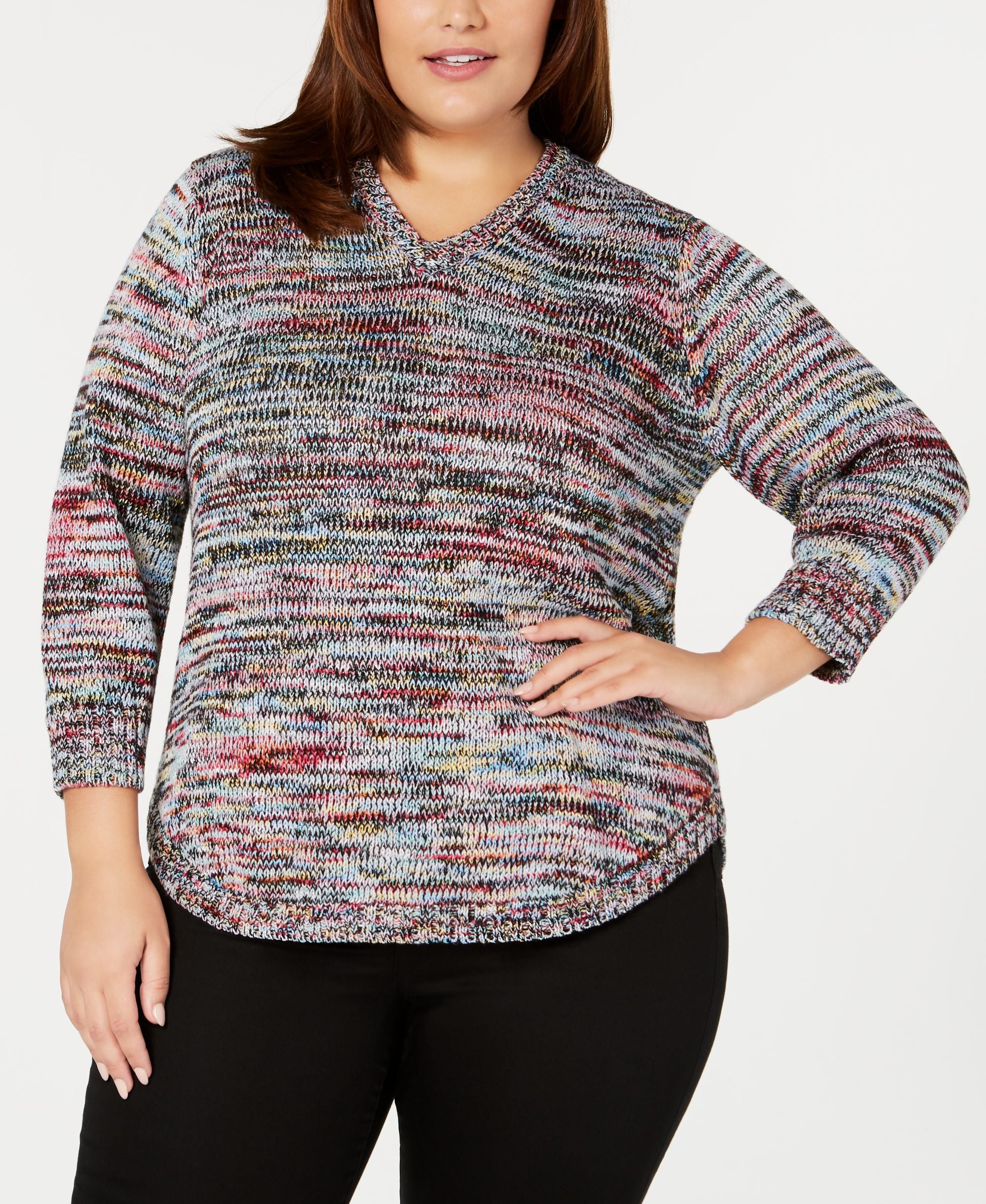 NY Collection Plus Size Marled V Neck Sweater