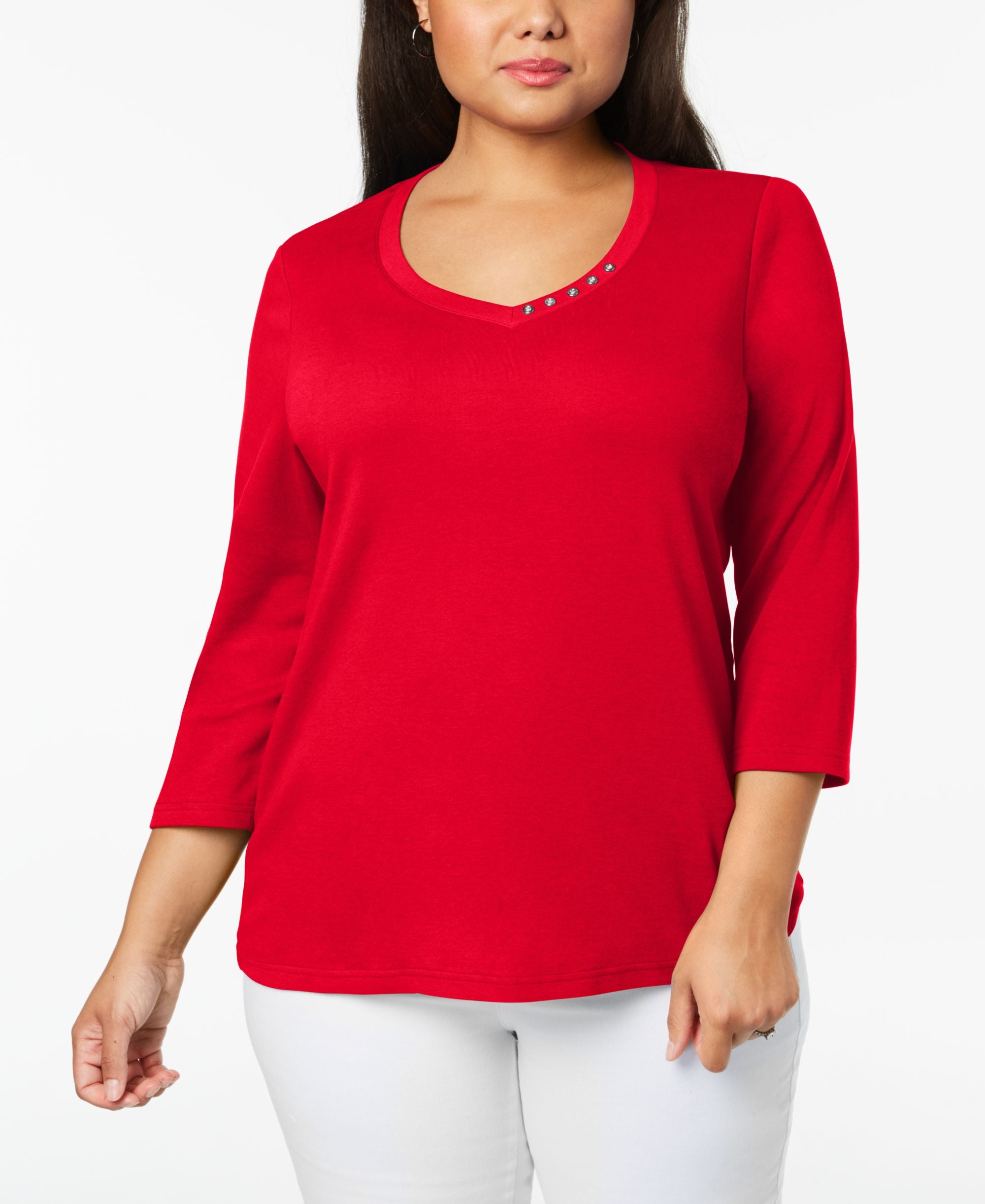 Karen Scott Plus Size Cotton Button Trim V Neck Top